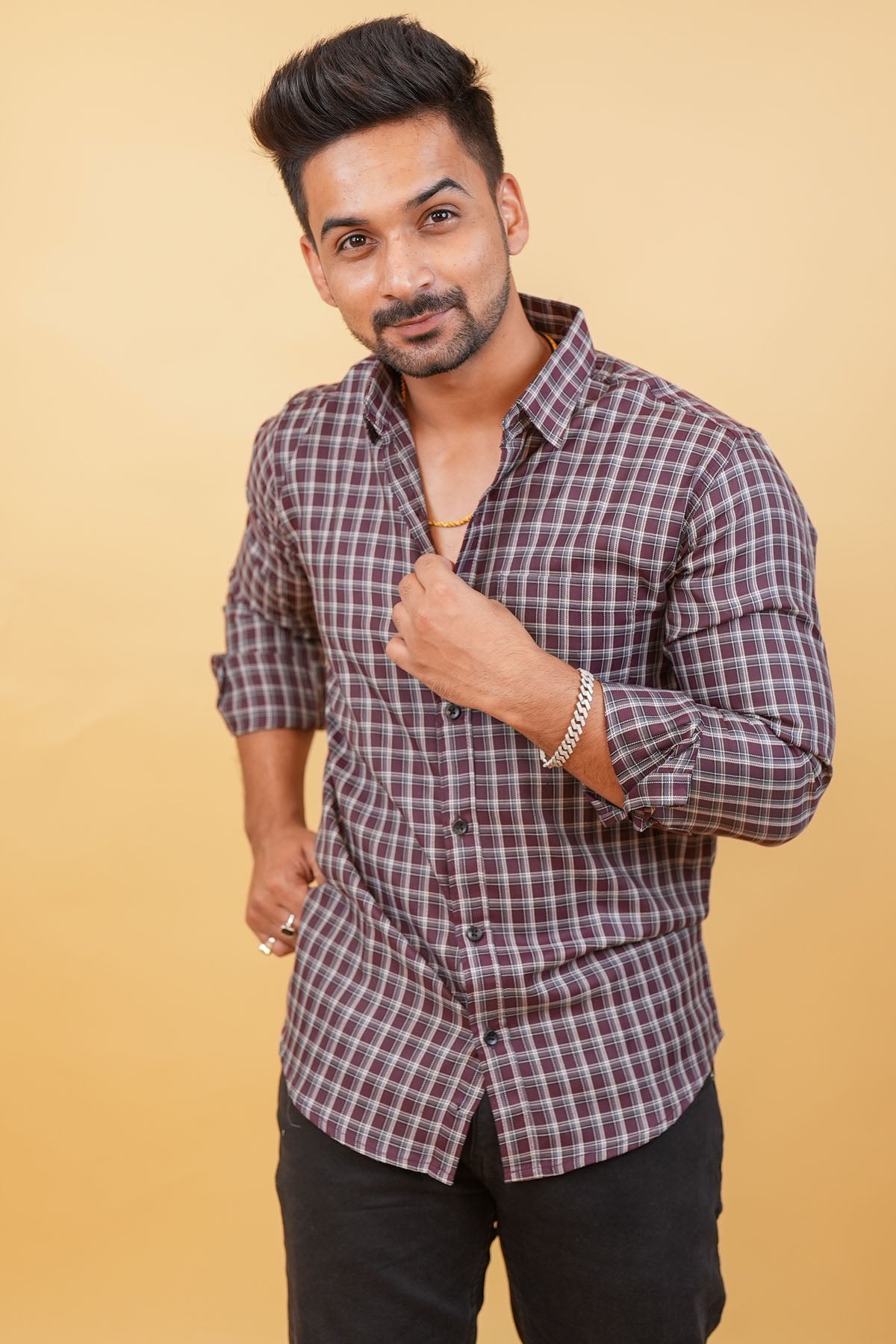 Brown Checked Casual Mens Shirt