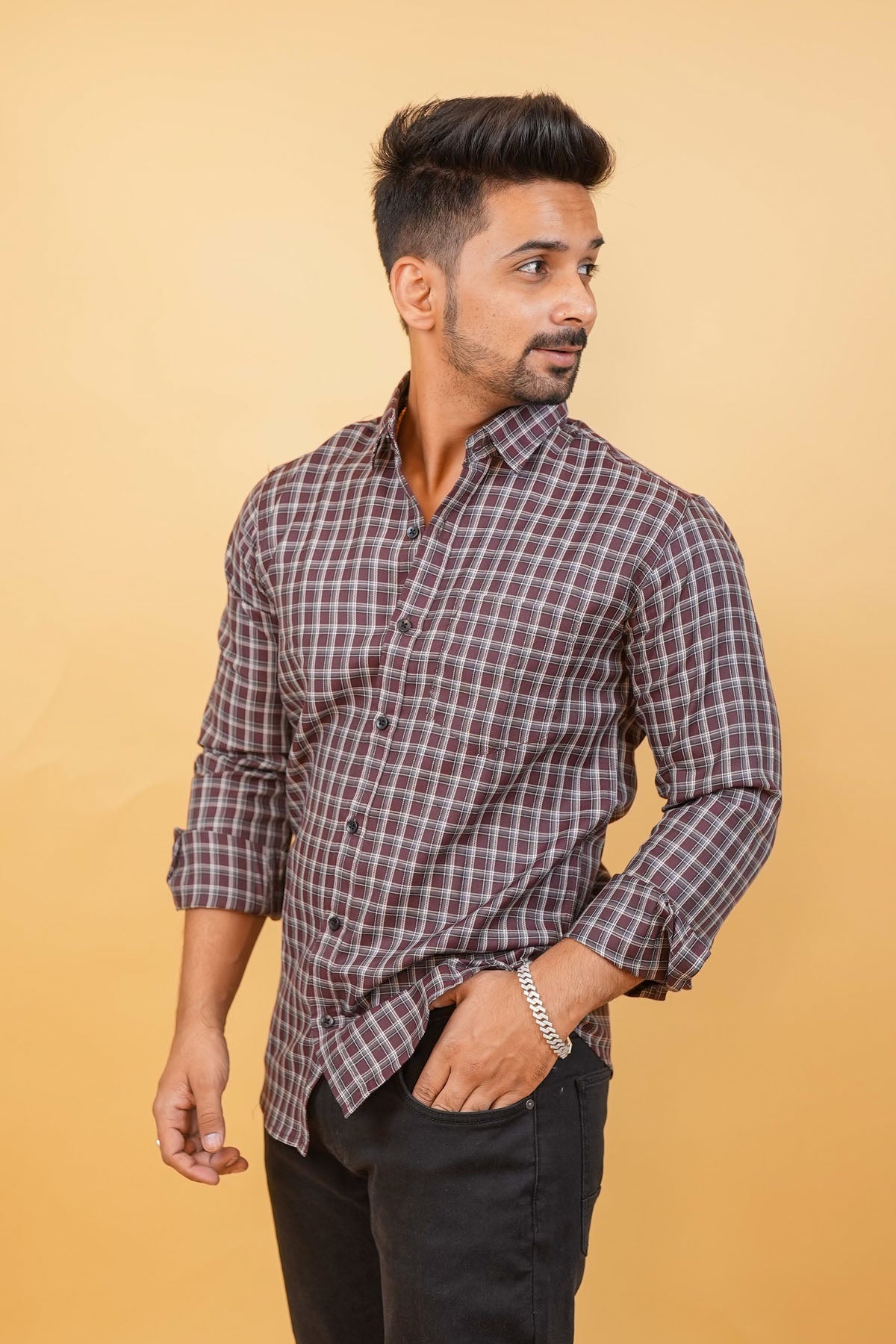Brown Checked Casual Mens Shirt