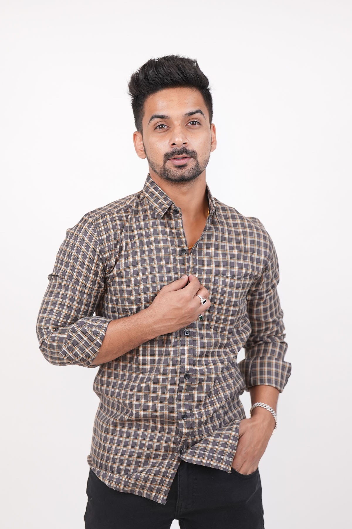 Grey Checked Casual Mens Shirt