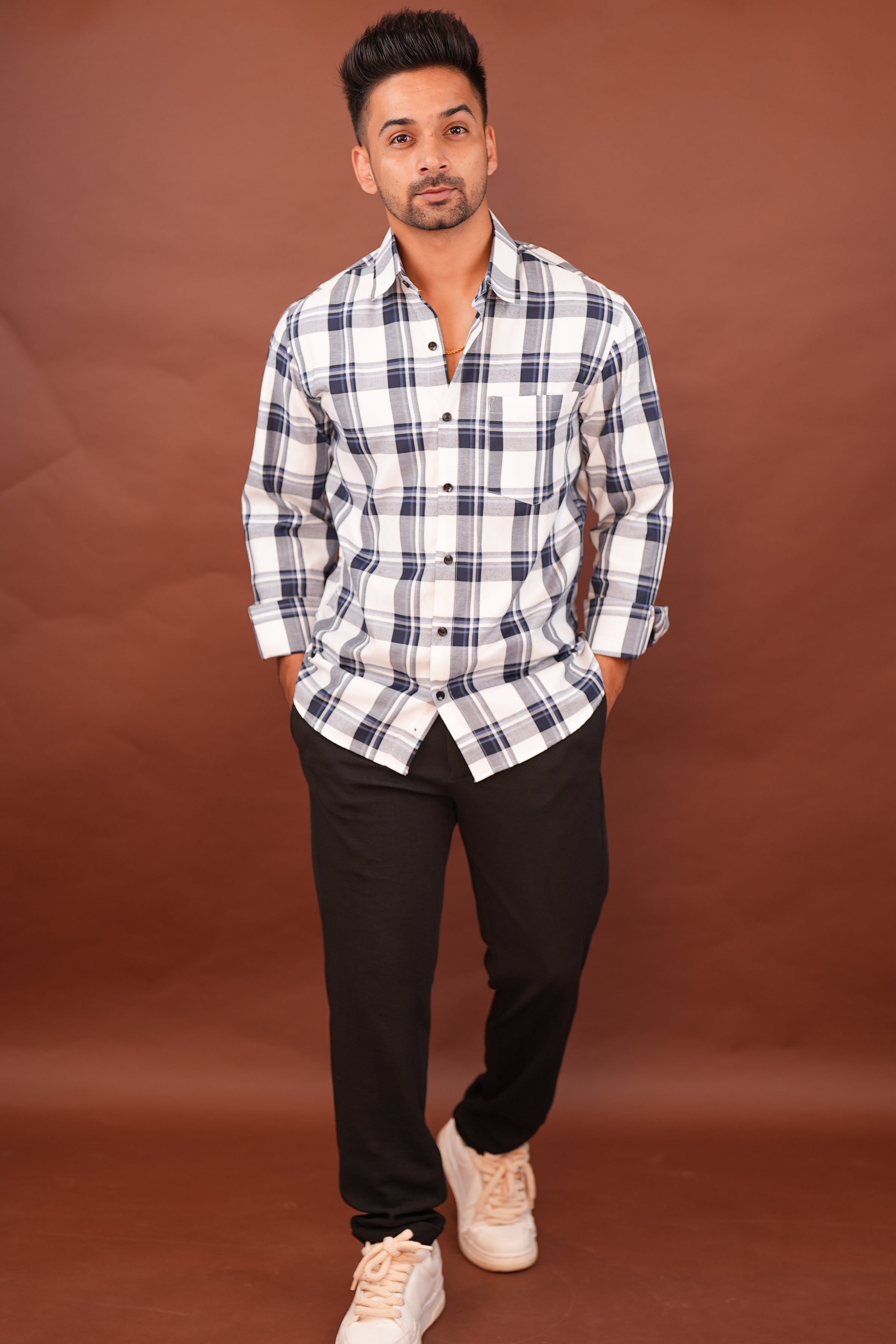 Blue on White Checks Cotton Shirt