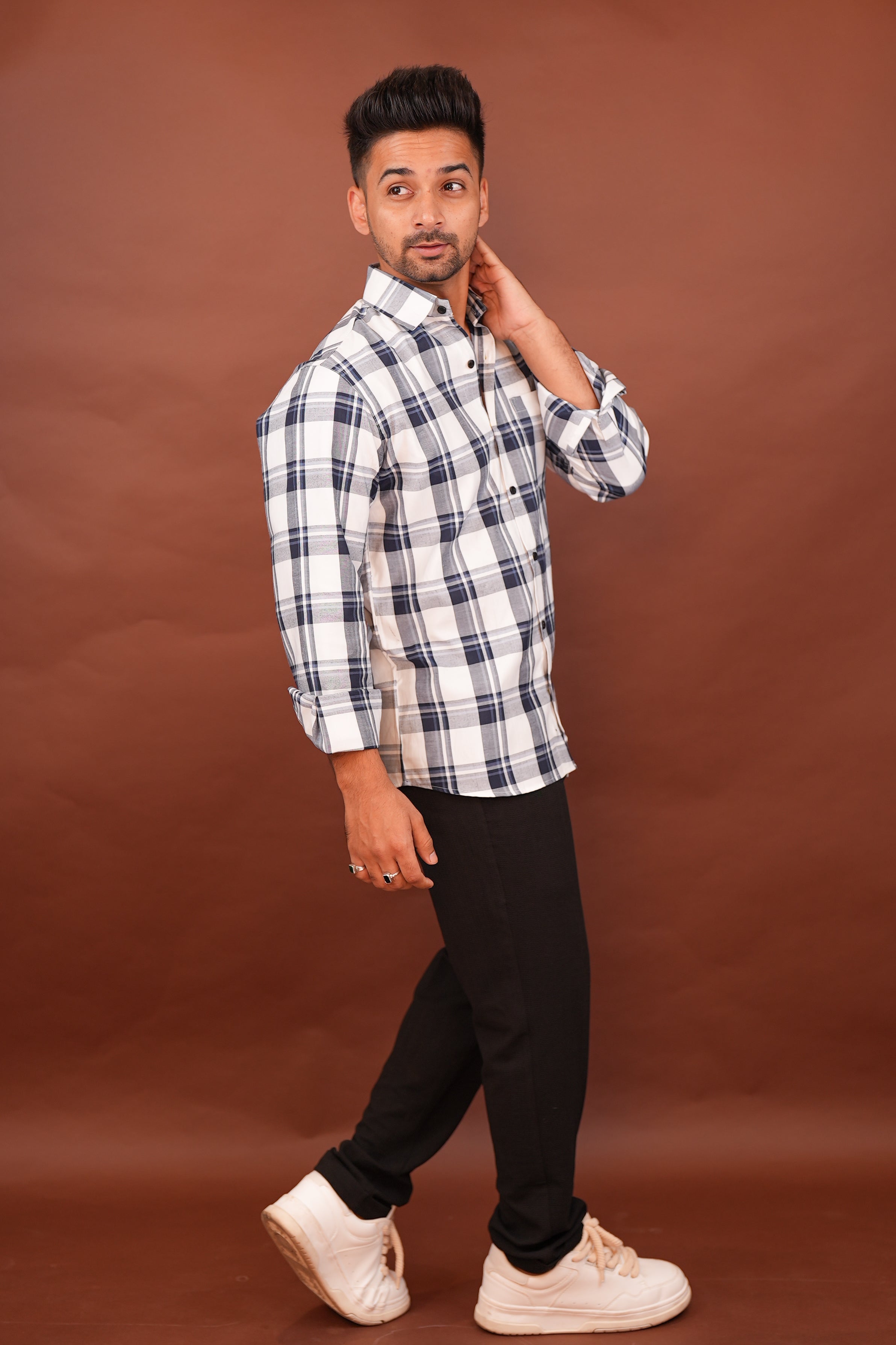 Blue on White Checks Cotton Shirt