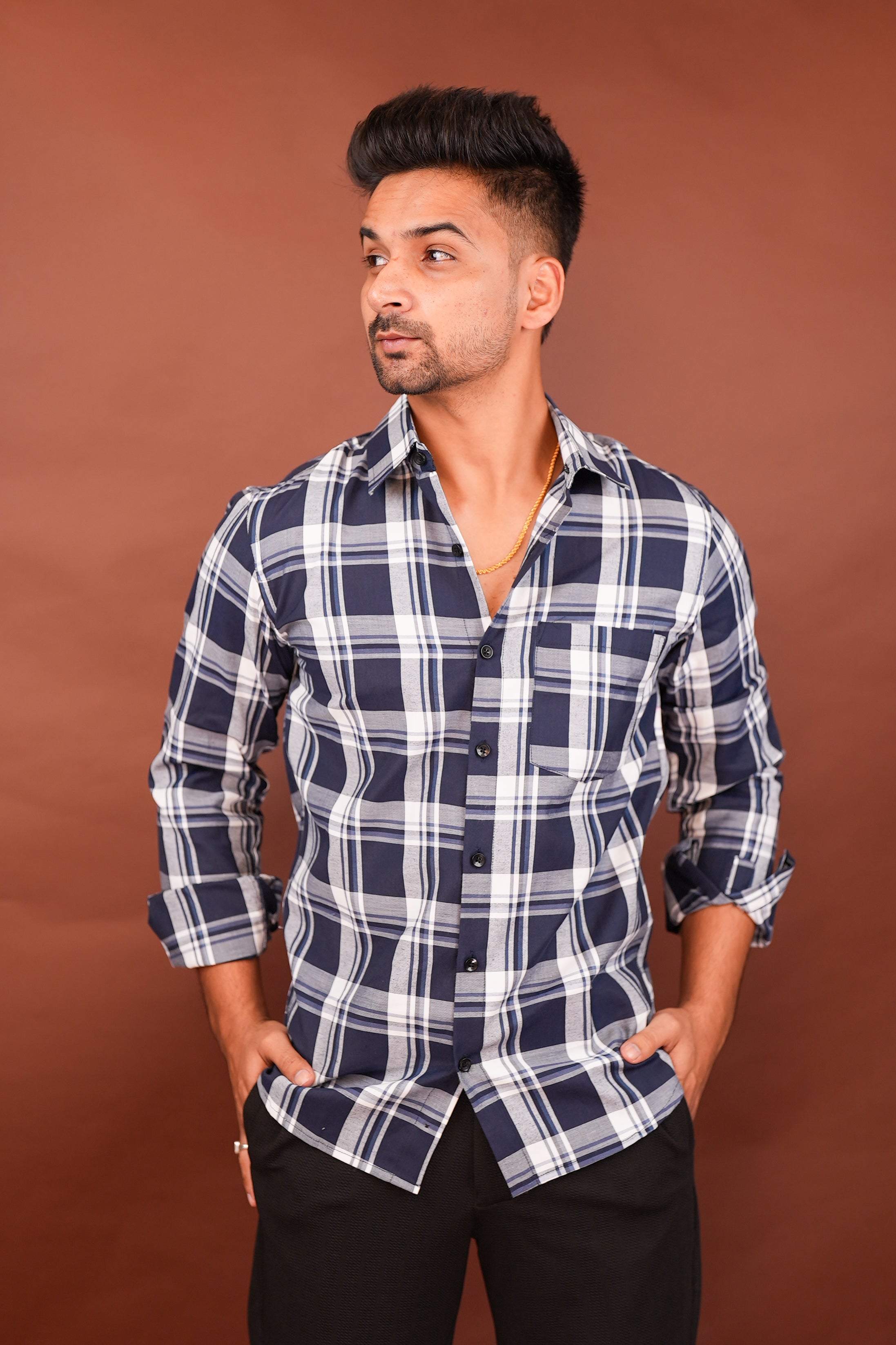 White on Dark blue Checks Shirt