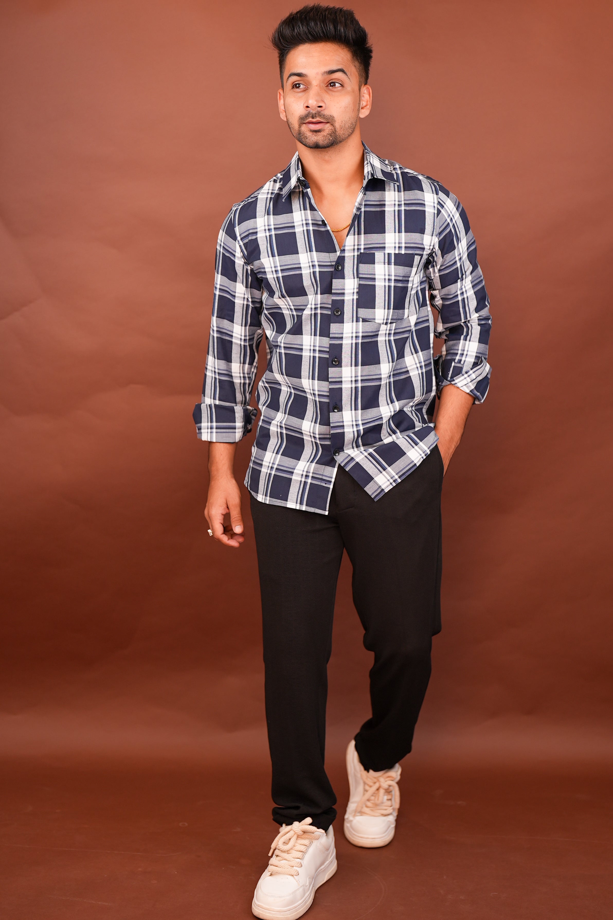 White on Dark blue Checks Shirt