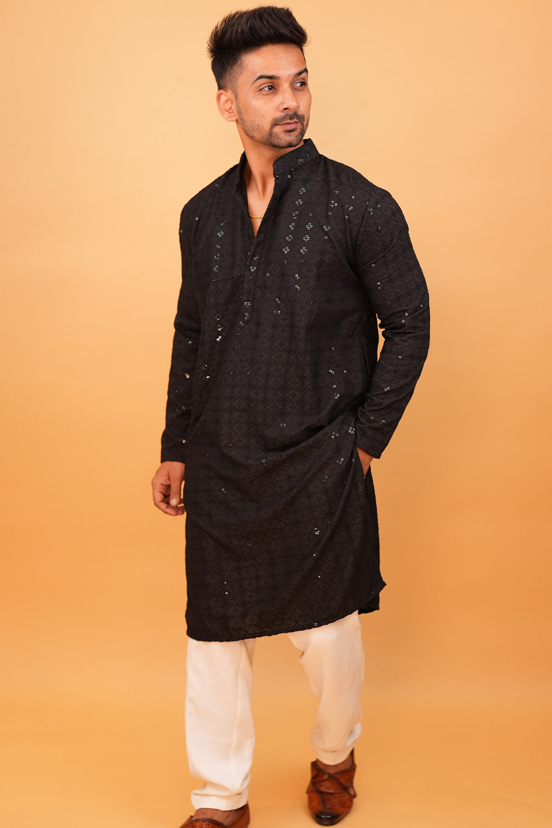 Black Embroidered Long Festive Kurta