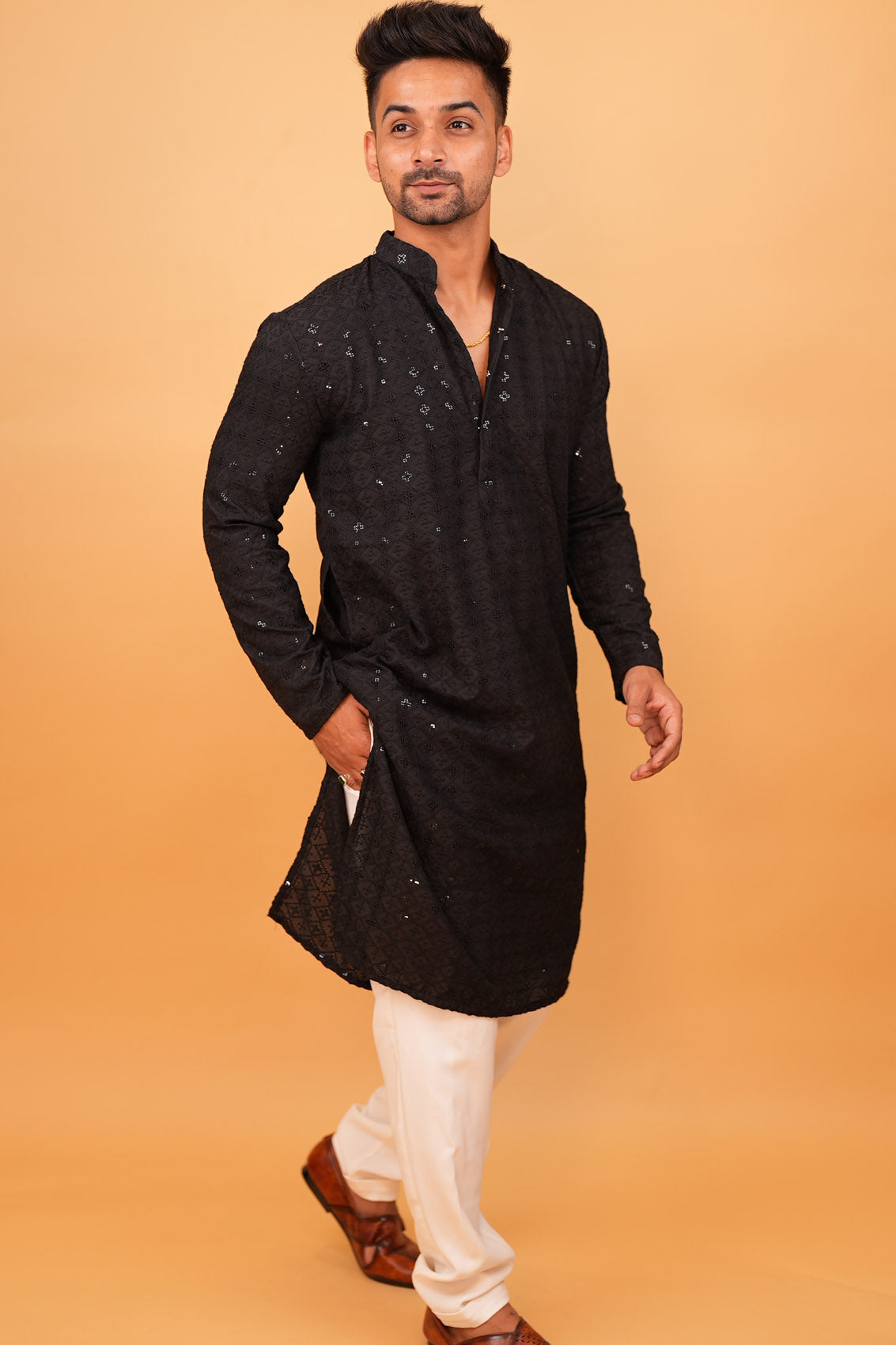Black Embroidered Long Festive Kurta