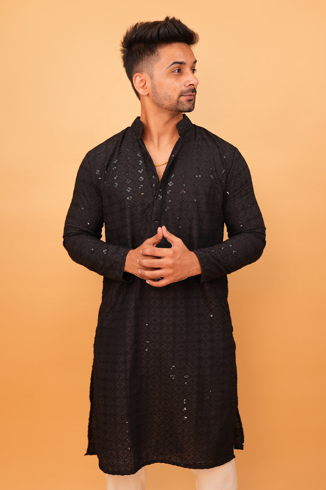 Black Embroidered Long Festive Kurta