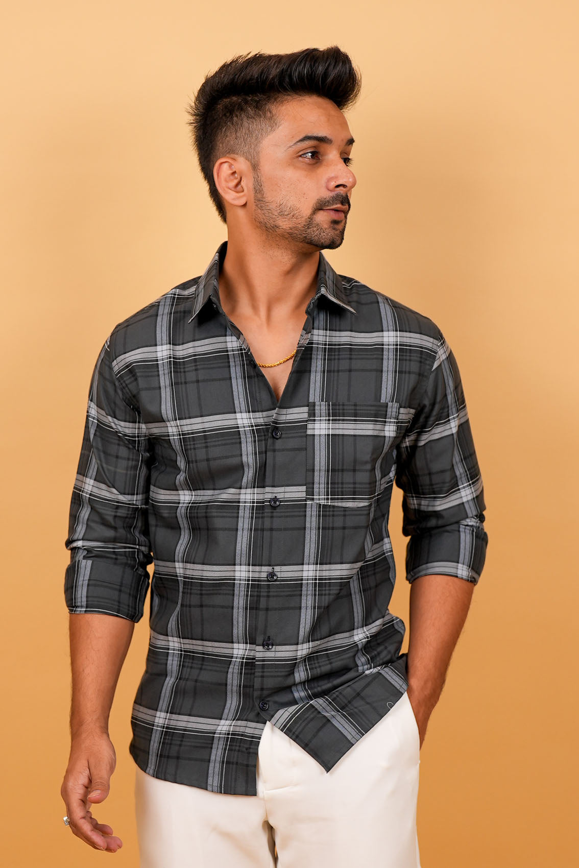 Charcoal Grey Checks Cotton Shirt