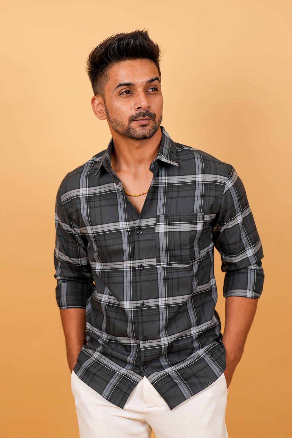 Charcoal Grey Checks Cotton Shirt