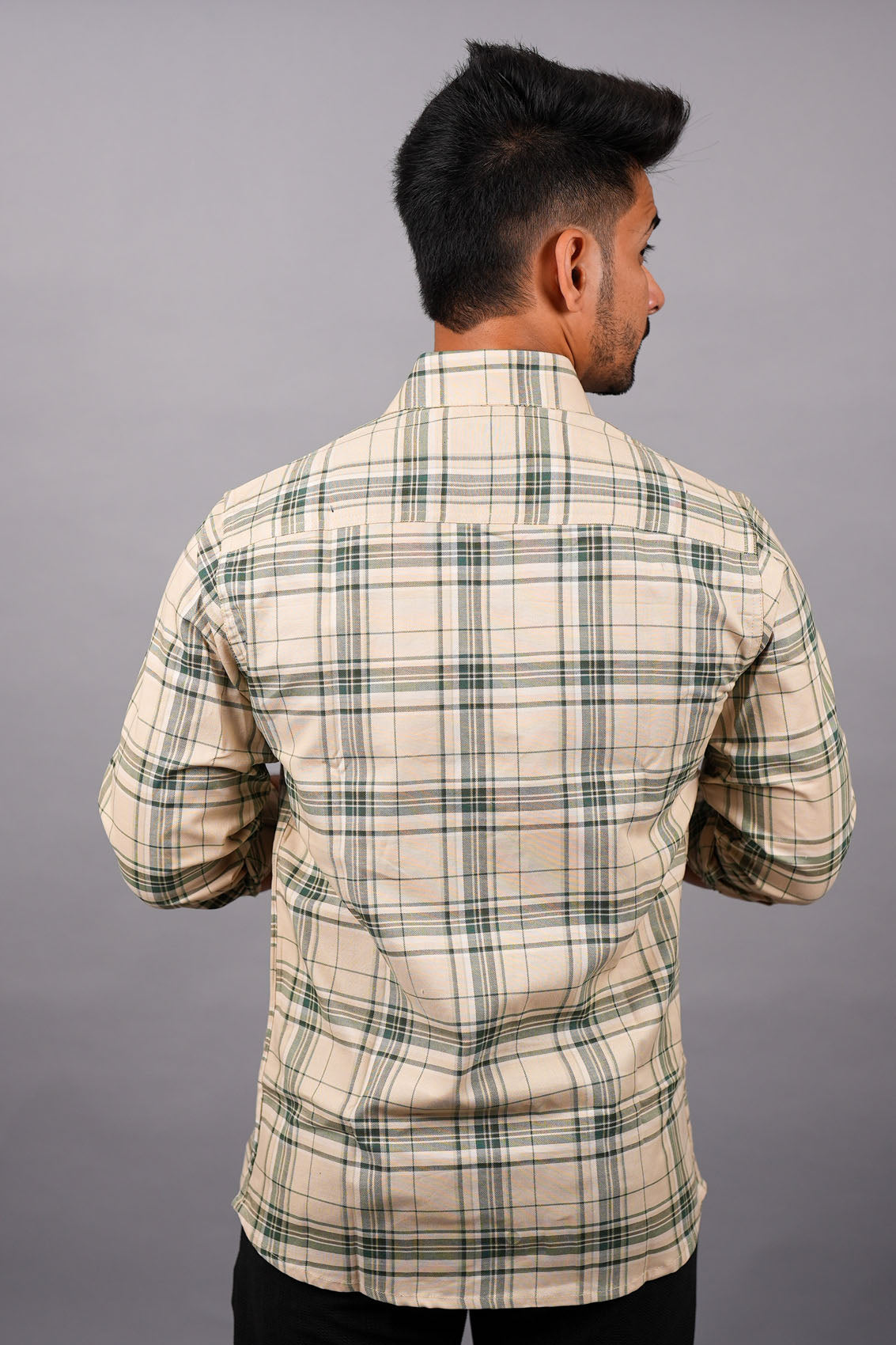 Green on Beige Checks Cotton Shirt