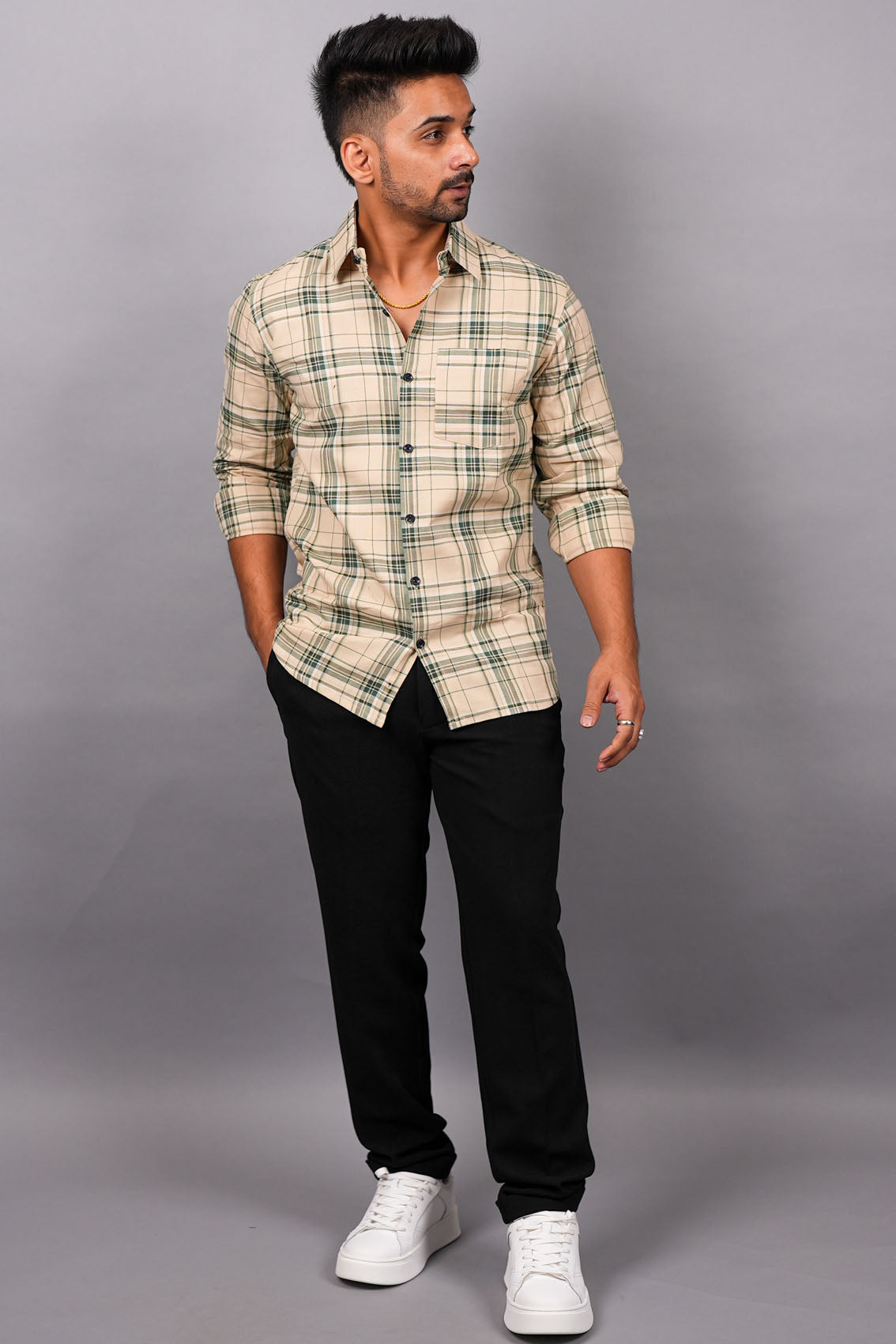 Green on Beige Checks Cotton Shirt