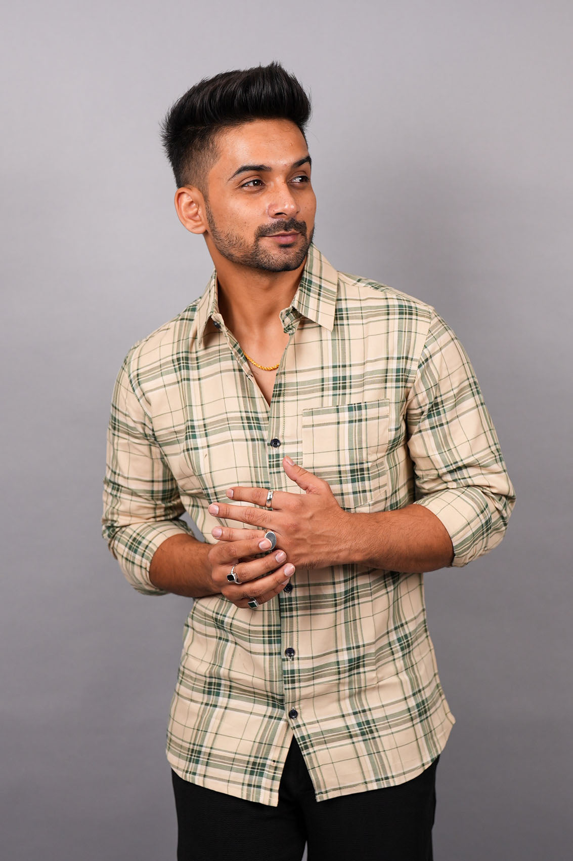 Green on Beige Checks Cotton Shirt