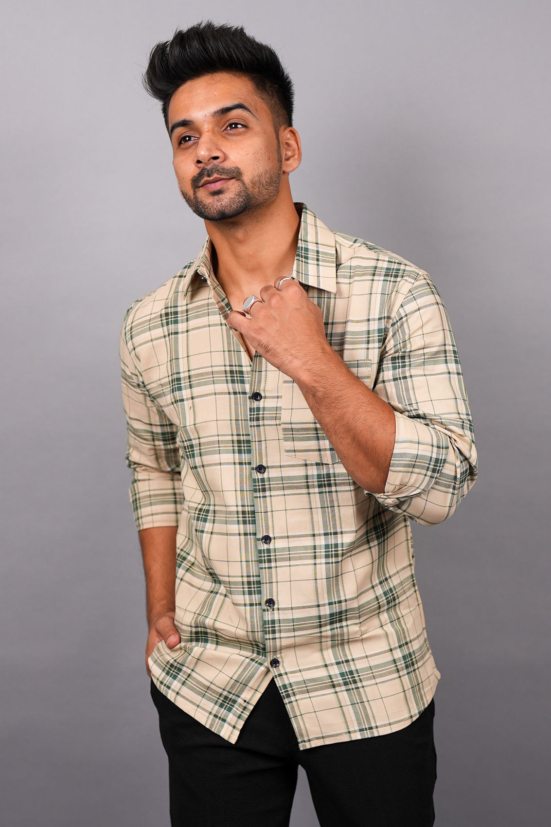 Green on Beige Checks Cotton Shirt