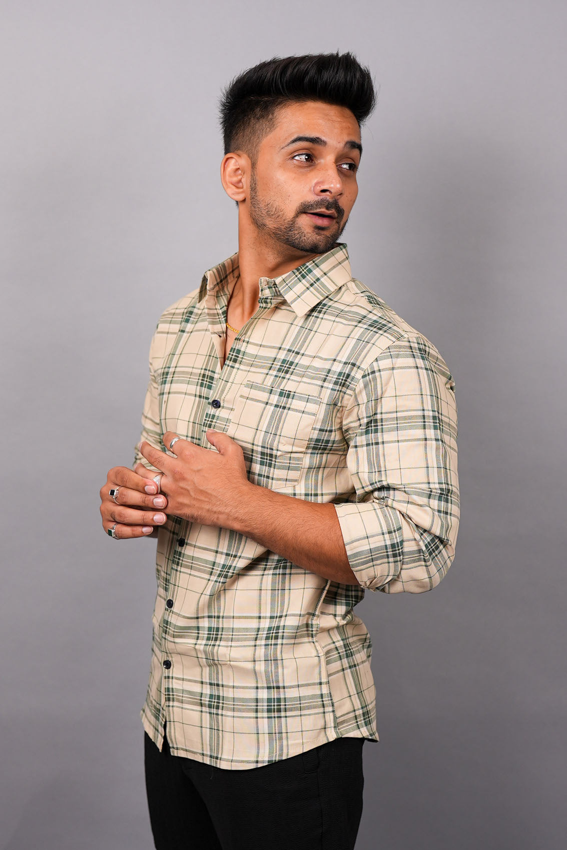 Green on Beige Checks Cotton Shirt