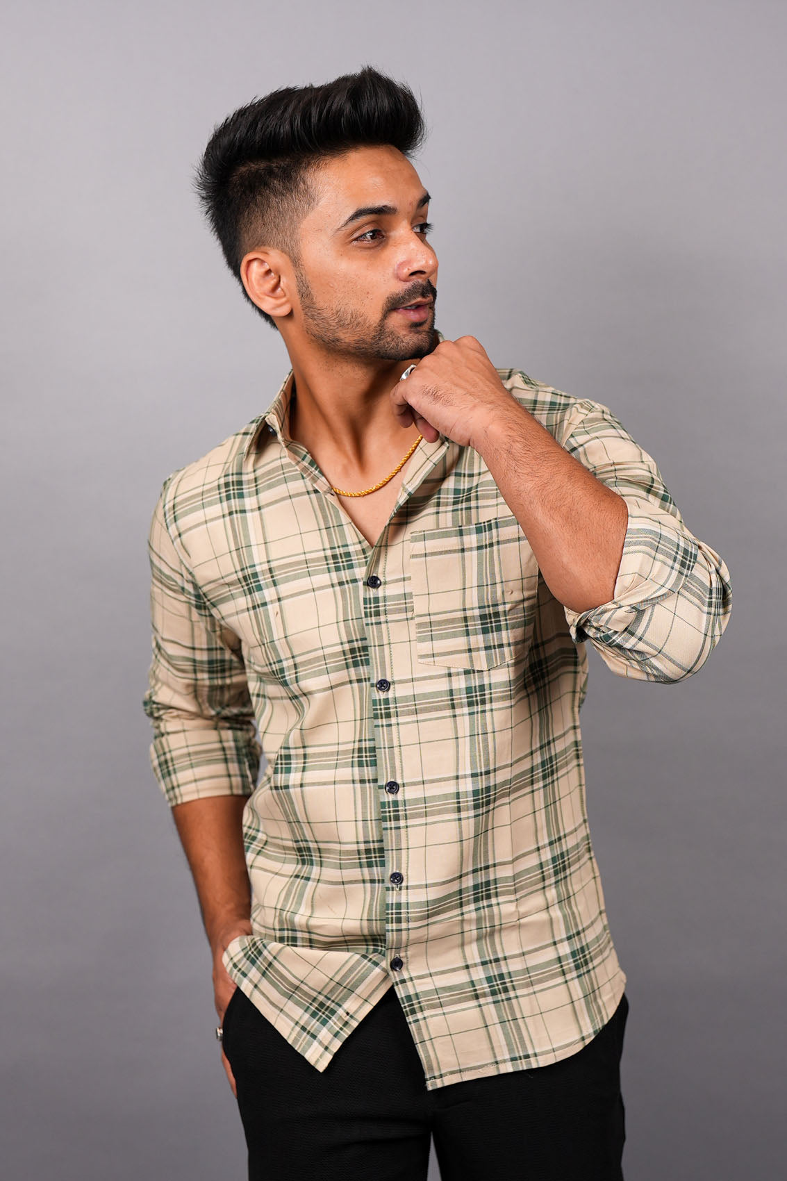 Green on Beige Checks Cotton Shirt