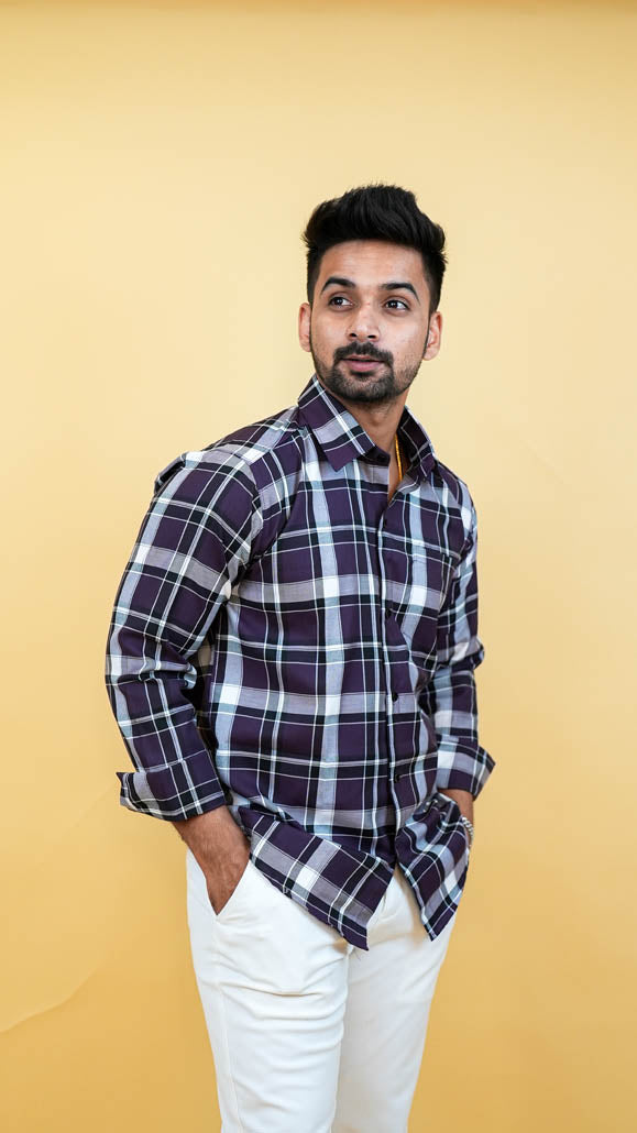 Men Purple & White Checks Shirt