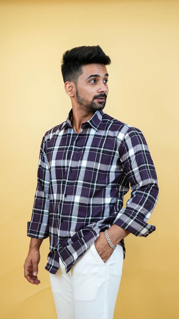 Men Purple & White Checks Shirt