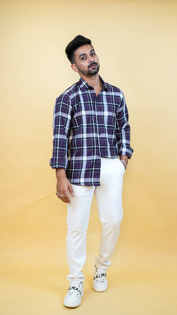 Men Purple & White Checks Shirt