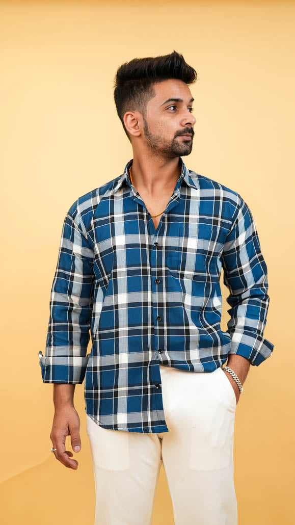 Men Blue & white Checks Shirt