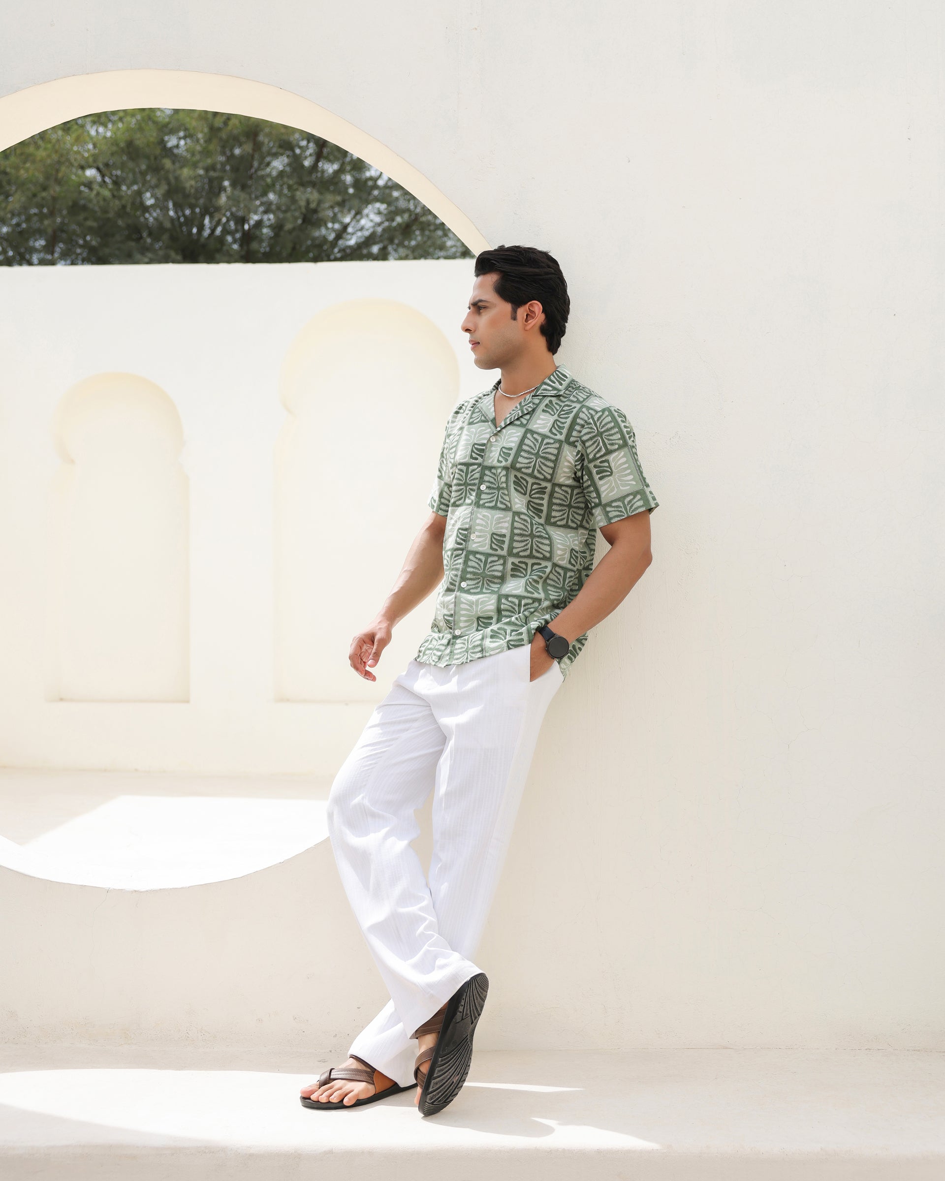 Tropical Sage Leaf Printed Cuban Collar Shirt