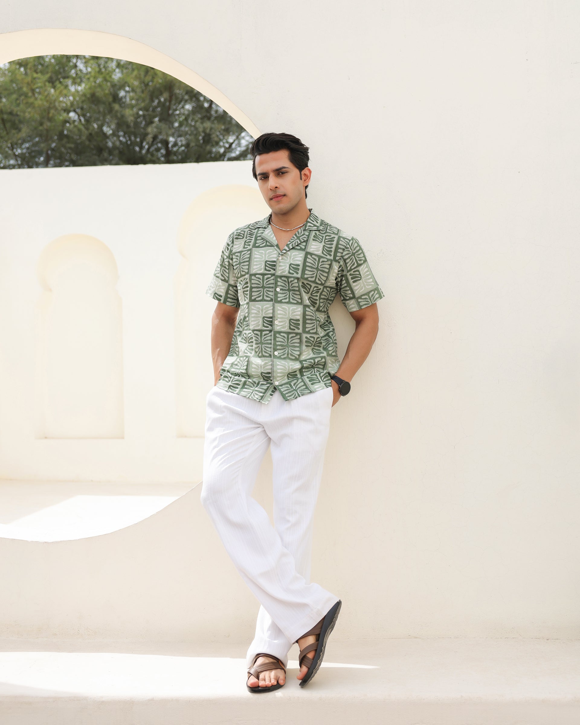 cuban dress shirt Tropical Sage Leaf Printed Collar S Get a touch of Color:NAVY IVORY Martina Liana | Unveiled Promotion_ClearanceExtra40