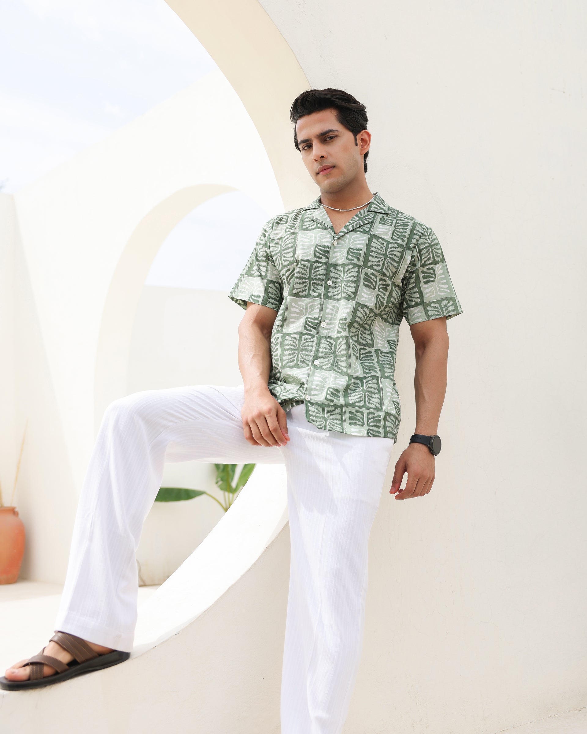 Tropical Sage Leaf Printed Cuban Collar Shirt
