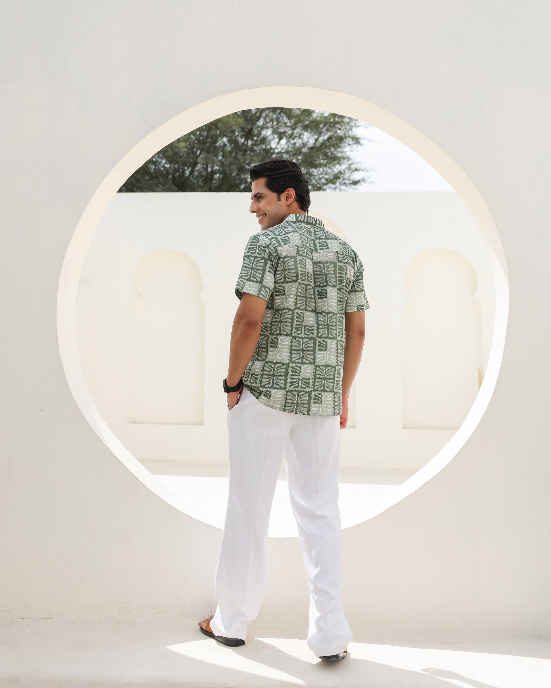 Tropical Sage Leaf Printed Cuban Collar Shirt
