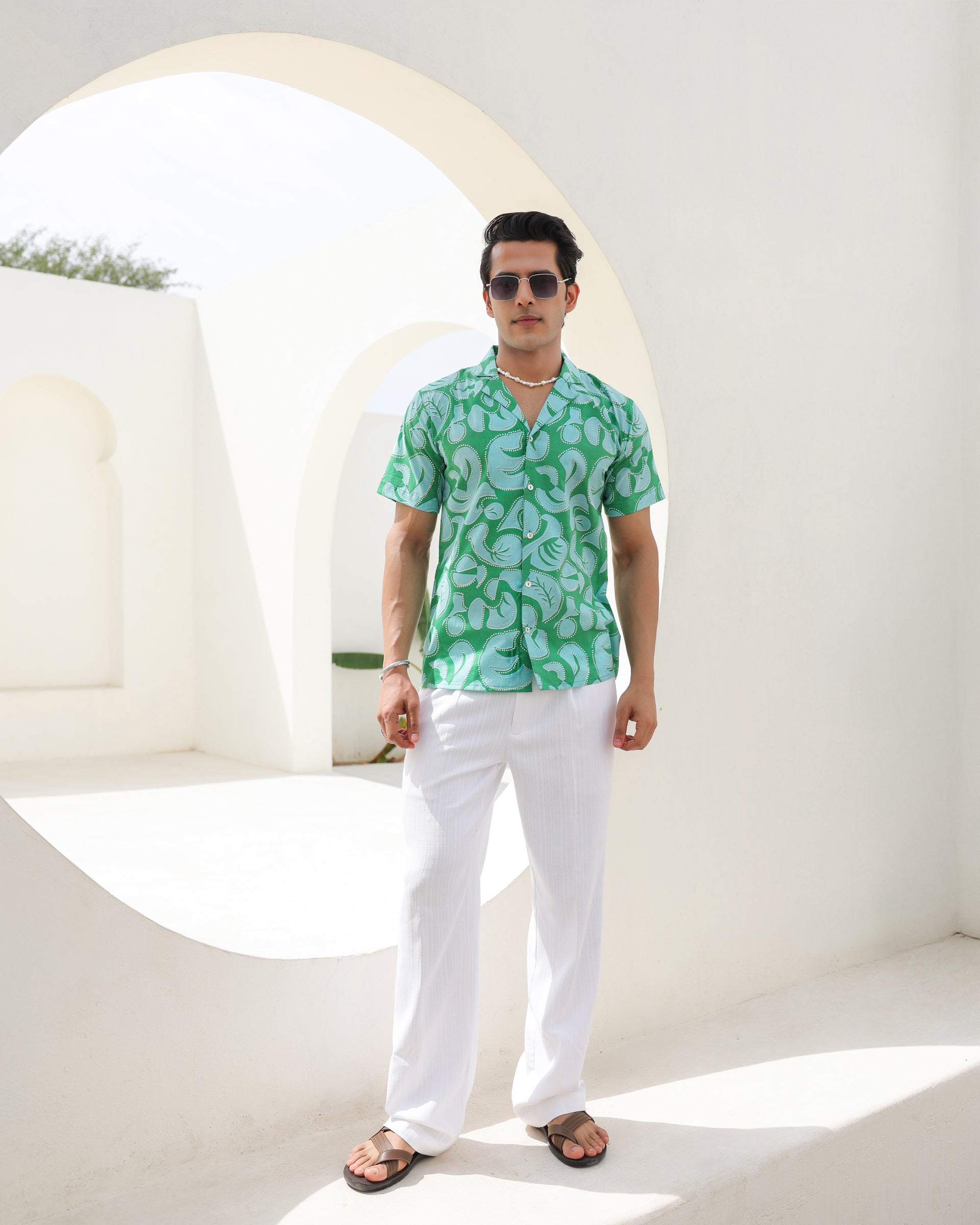 Aqua Swirl Print Cuban Collar Shirt