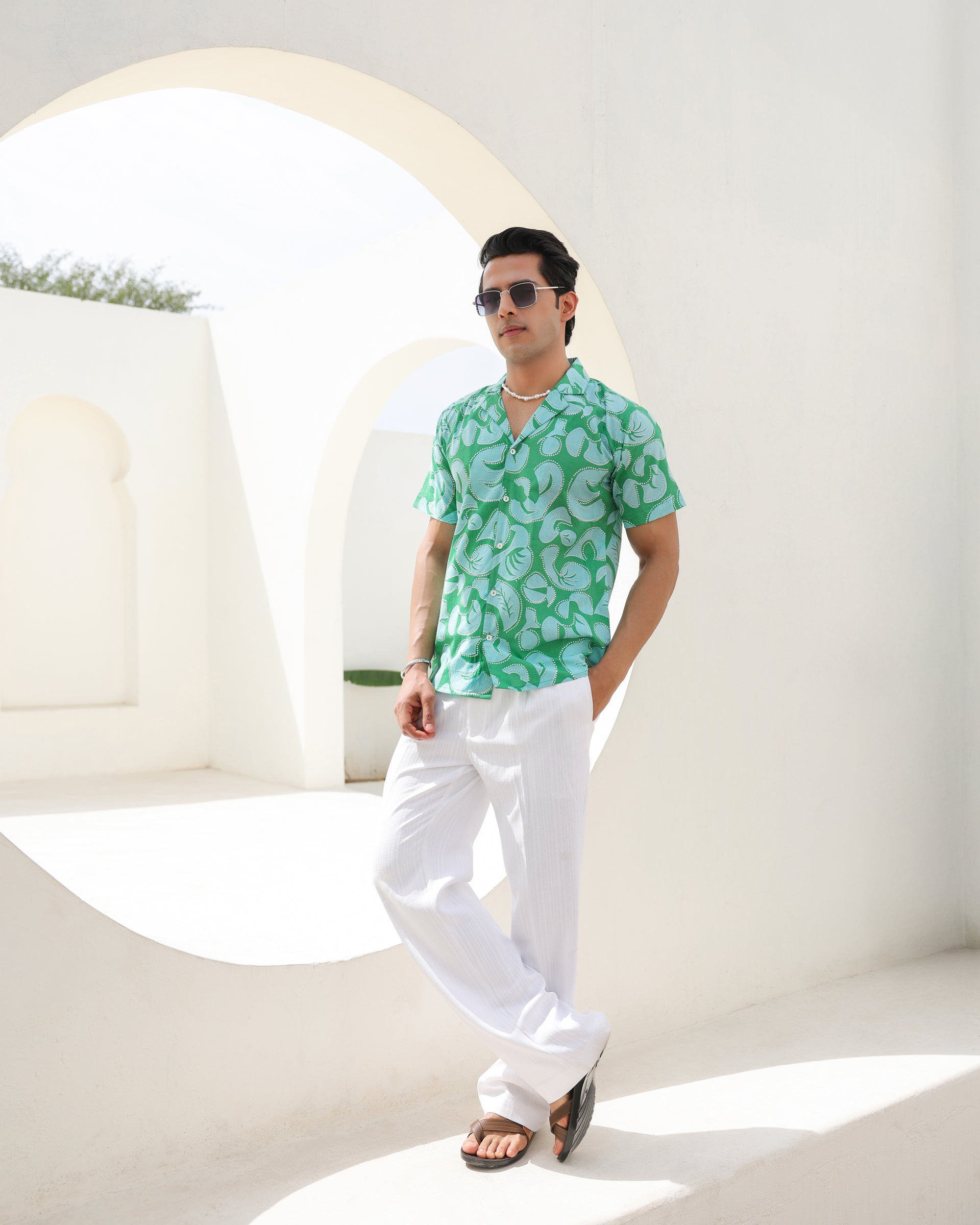 Aqua Swirl Print Cuban Collar Shirt