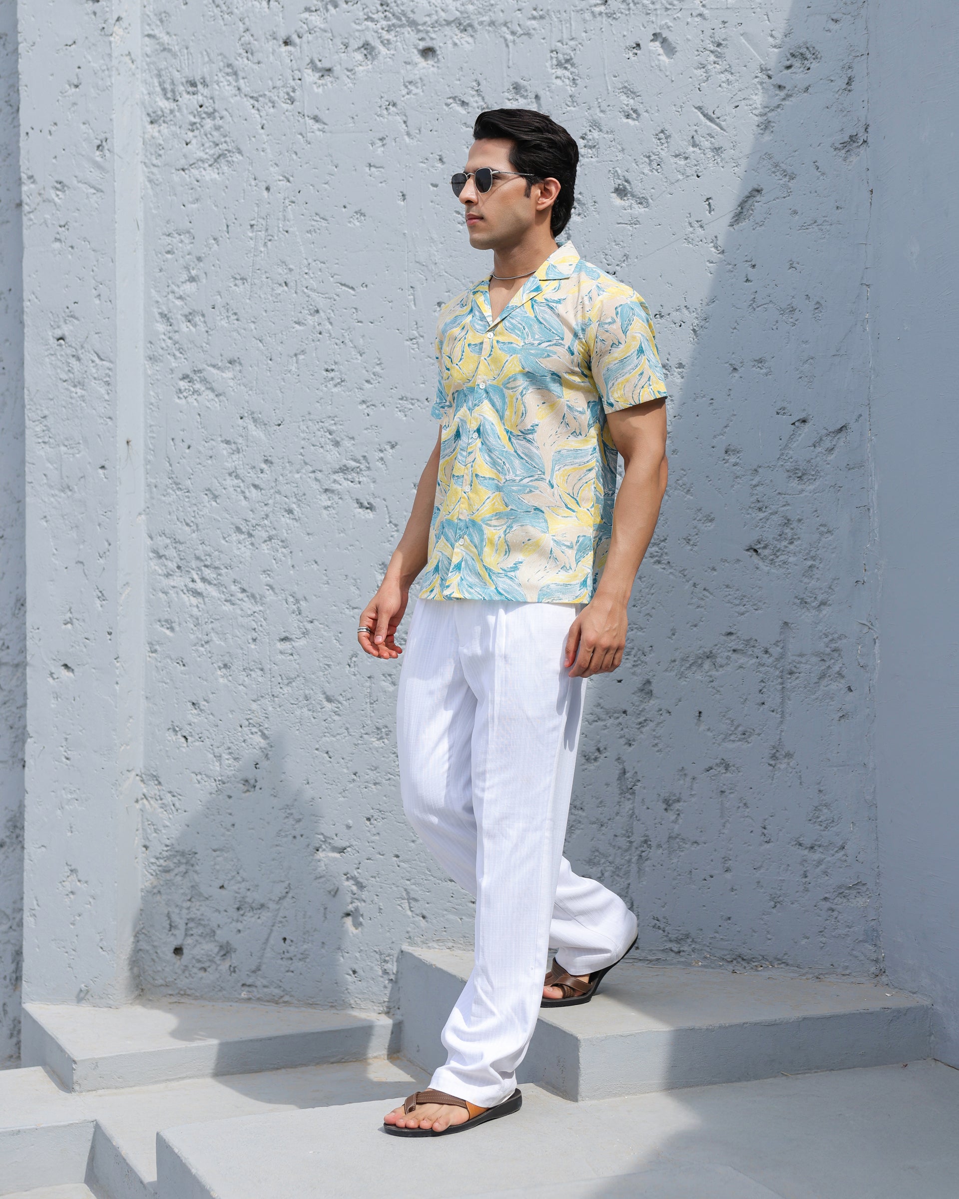 Sunset Breeze Leaf Print Cuban Collar Shirt