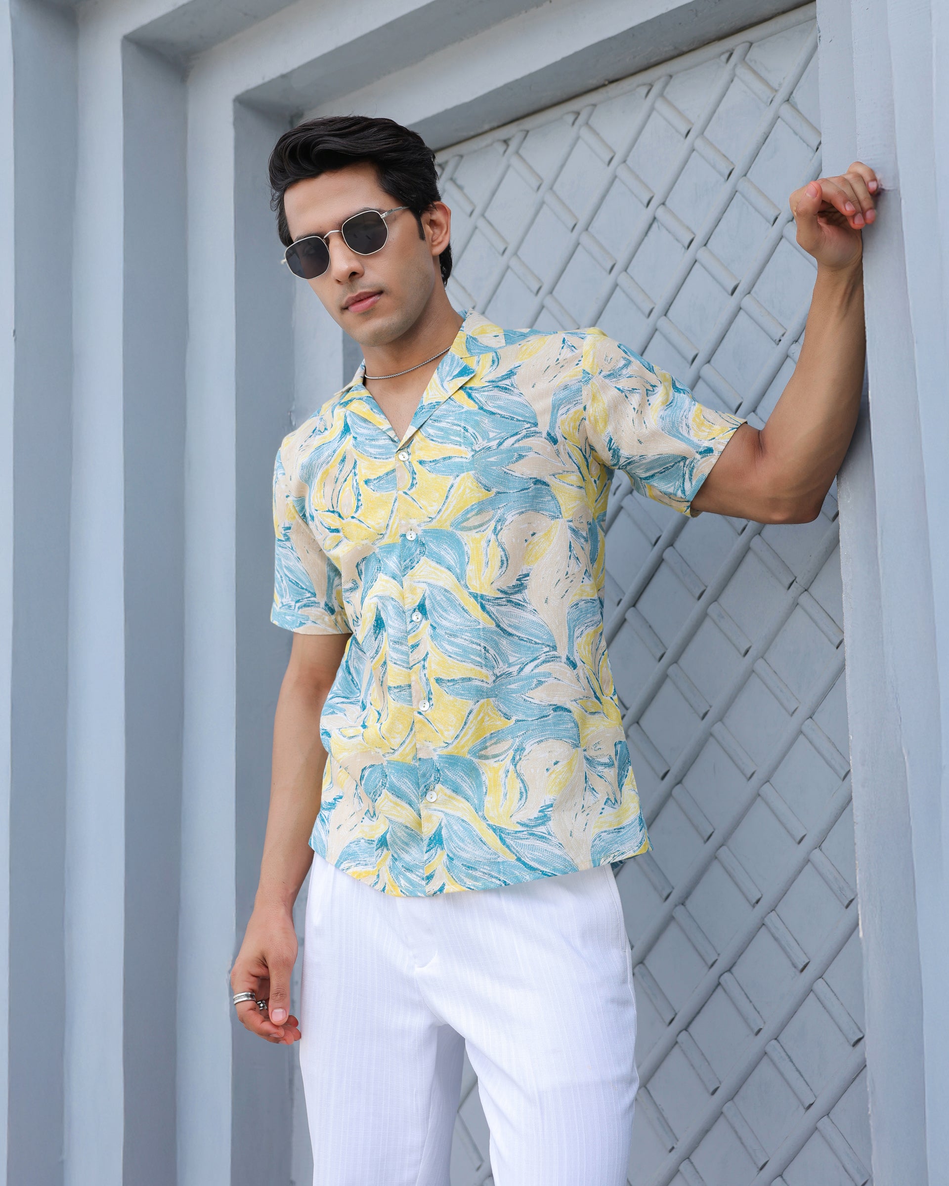 Sunset Breeze Leaf Print Cuban Collar Shirt