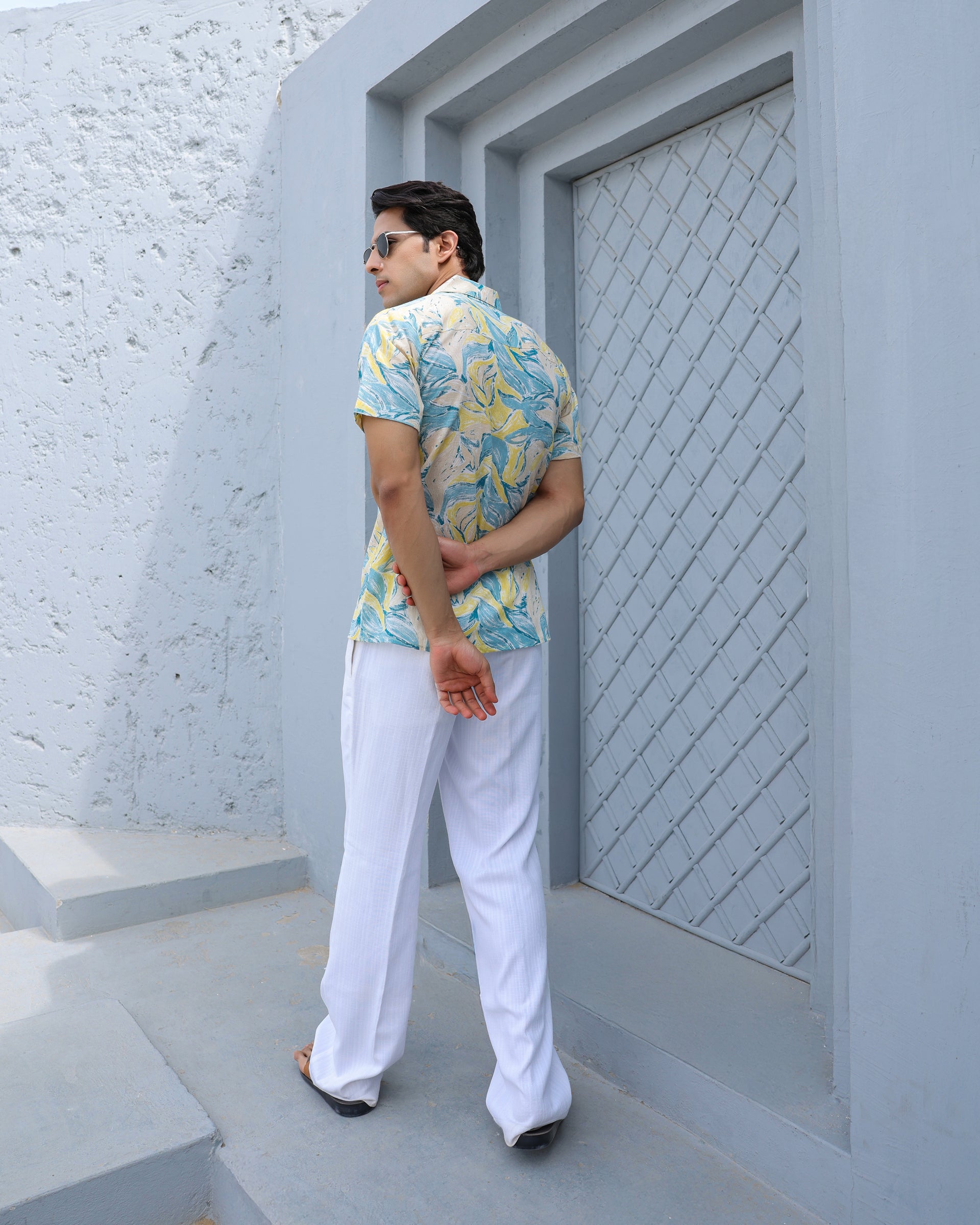 Sunset Breeze Leaf Print Cuban Collar Shirt