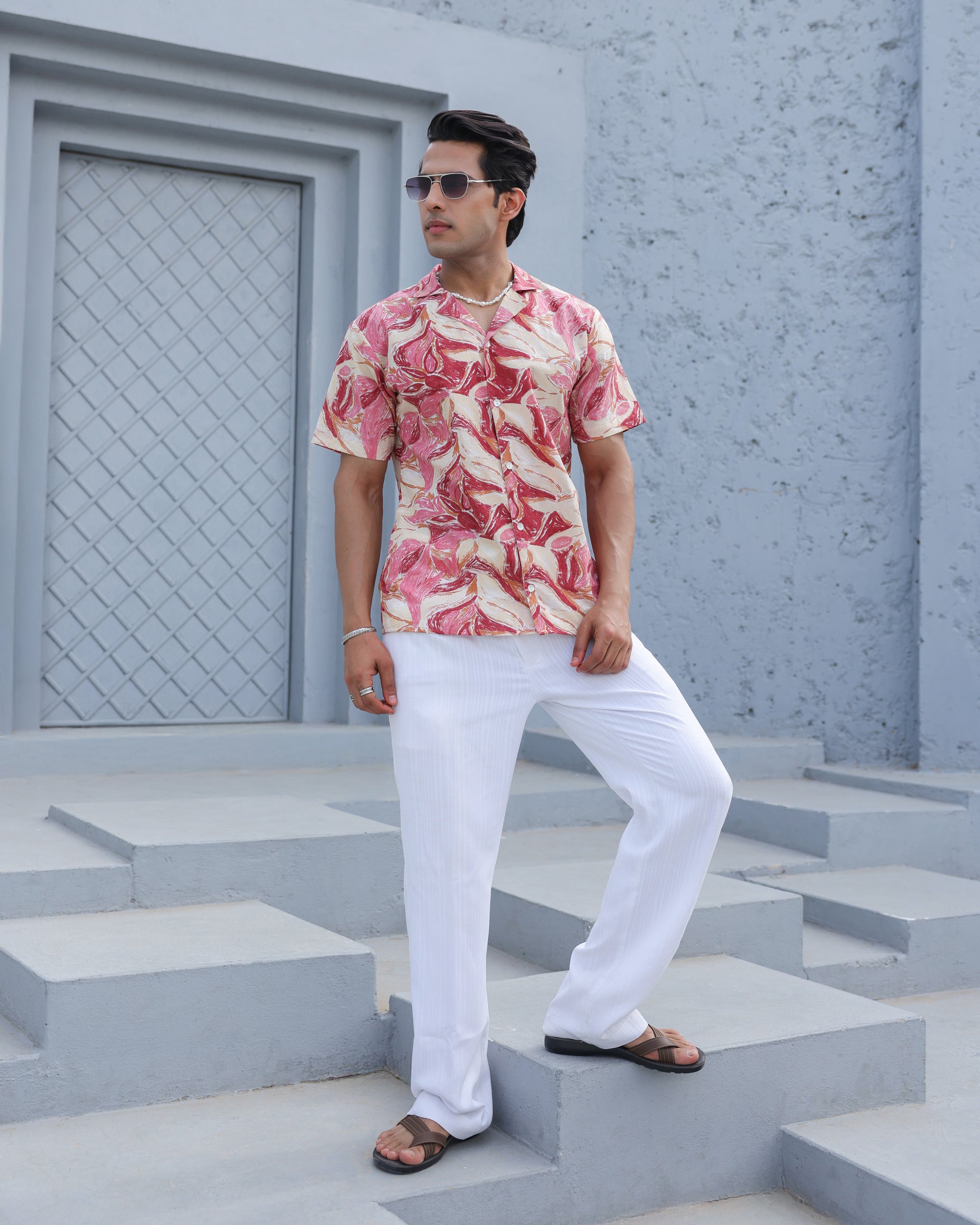 Crimson Marble Wave Cuban Collar Shirt