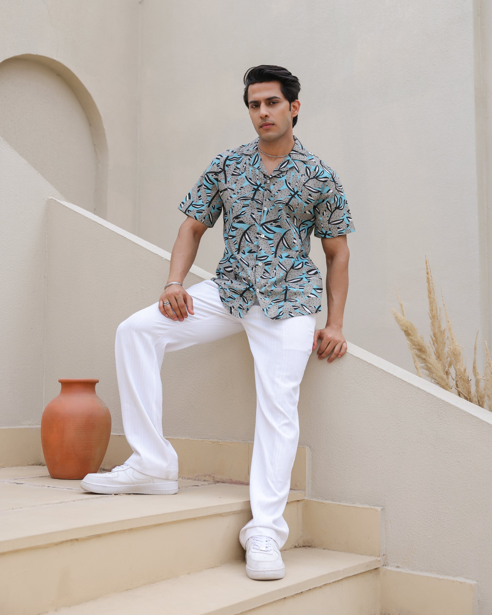 Midnight Tropic Abstract Leaf Cuban Collar Shirt