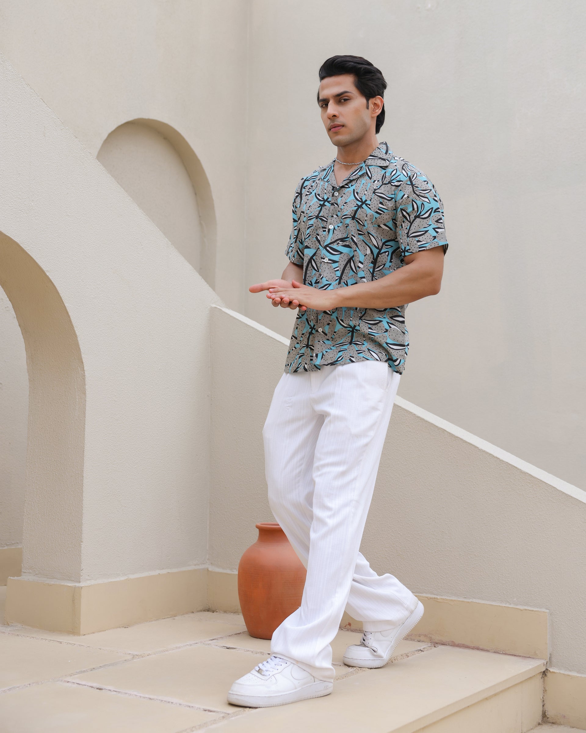 Midnight Tropic Abstract Leaf Cuban Collar Shirt