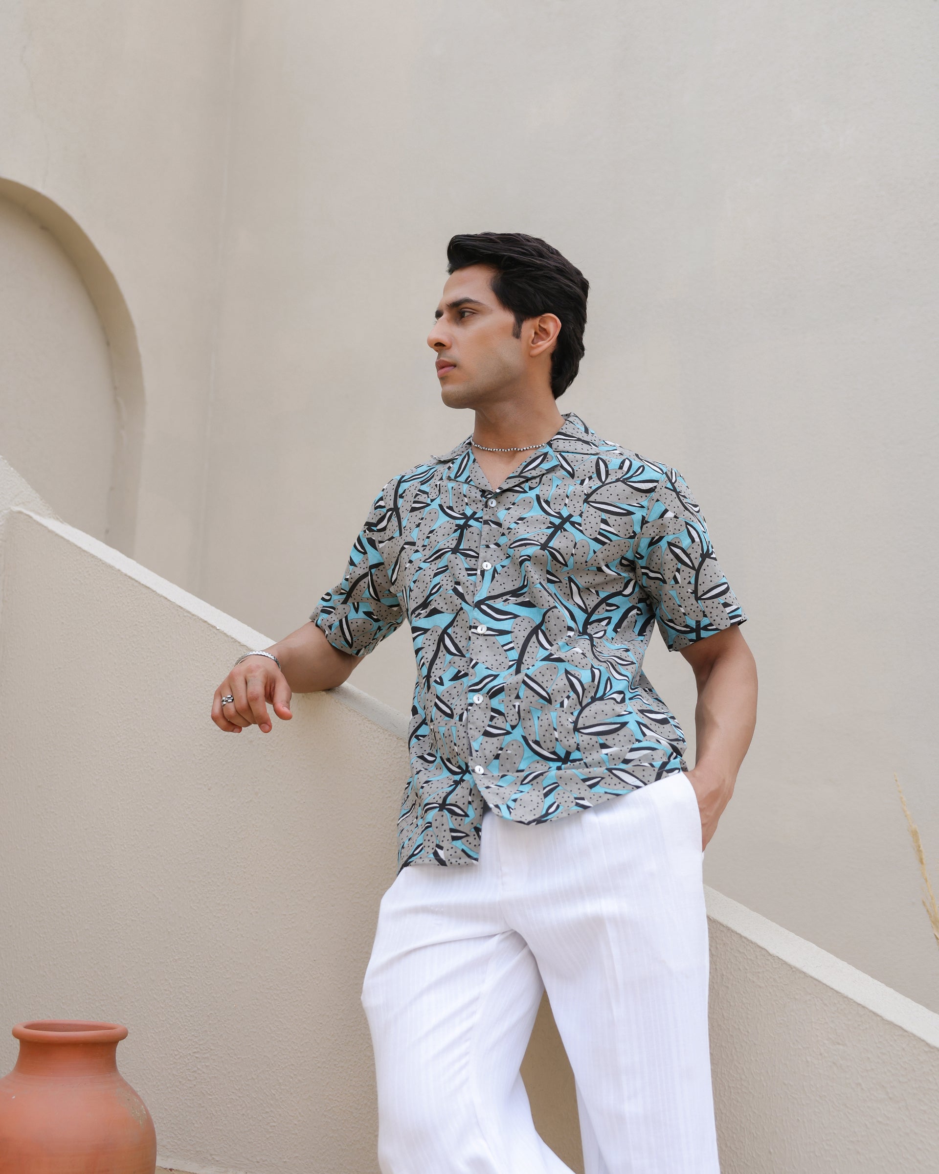 Midnight Tropic Abstract Leaf Cuban Collar Shirt
