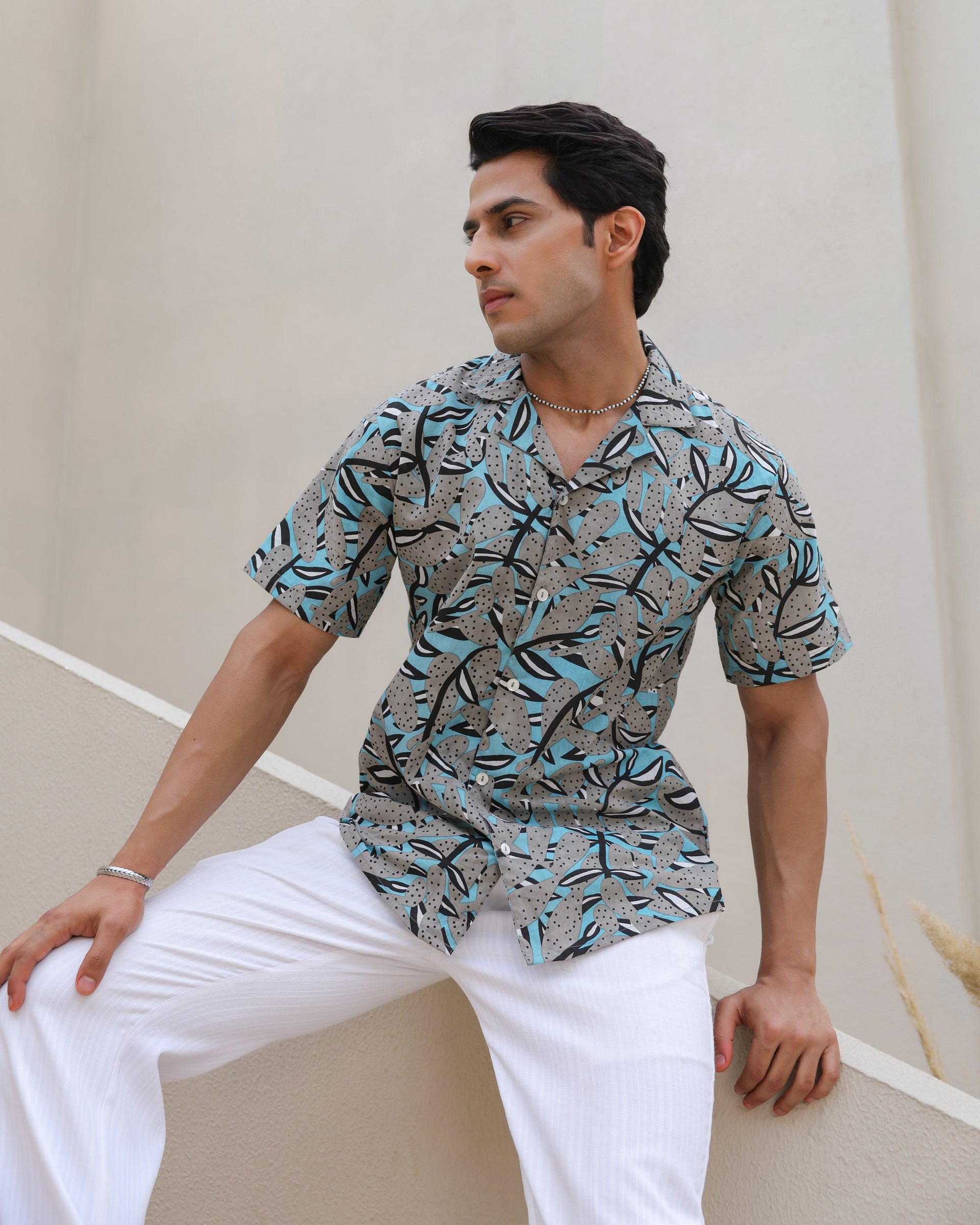 Midnight Tropic Abstract Leaf Cuban Collar Shirt