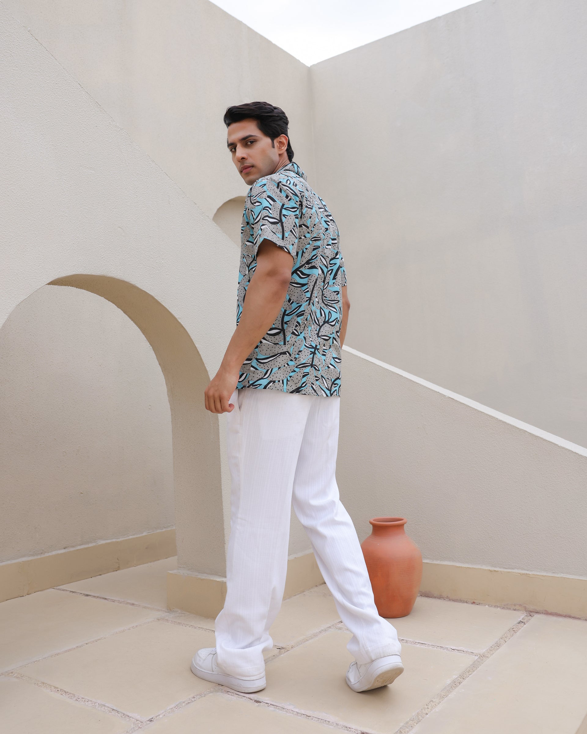 Midnight Tropic Abstract Leaf Cuban Collar Shirt