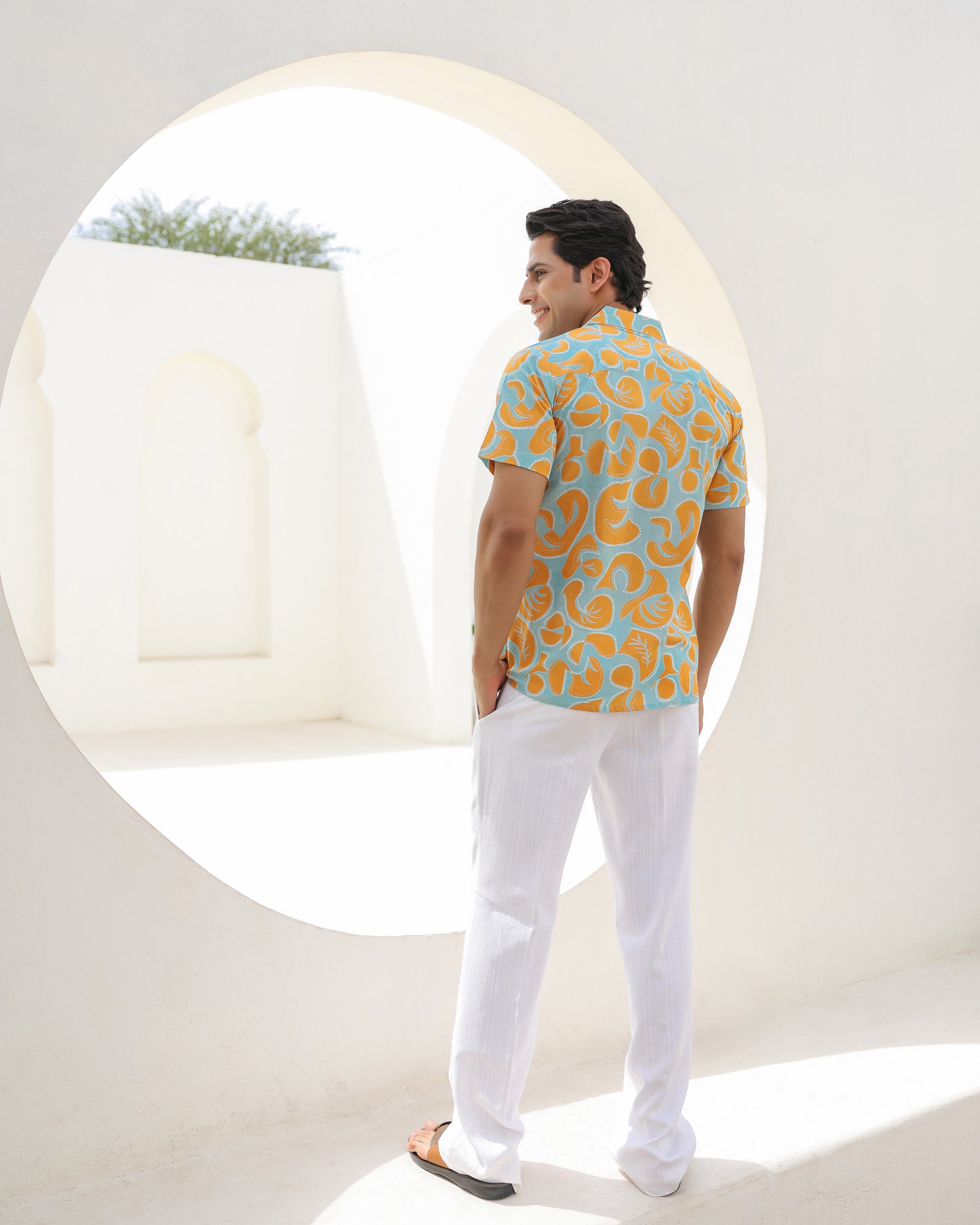 Citrus Pop Leaf Print Cuban Collar Shirt