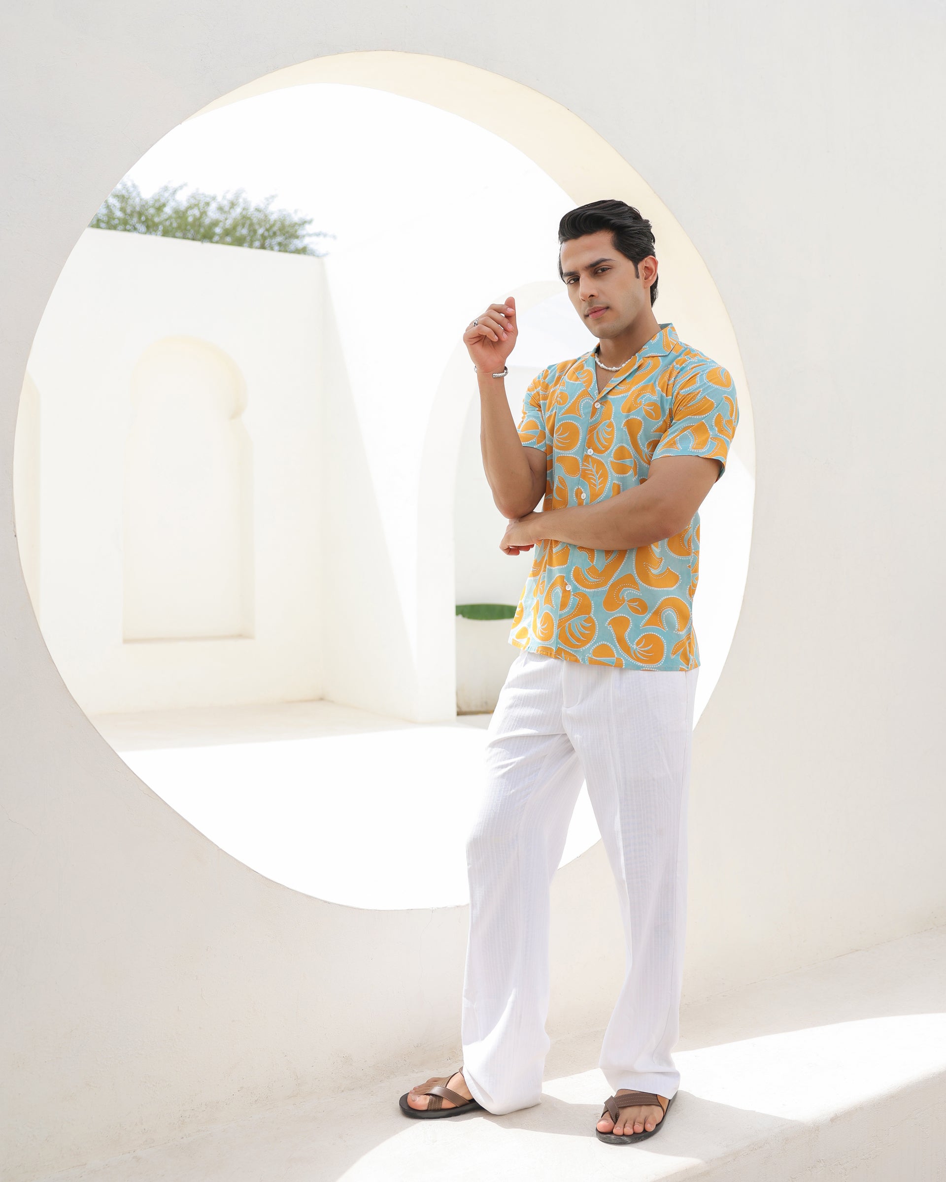 Citrus Pop Leaf Print Cuban Collar Shirt