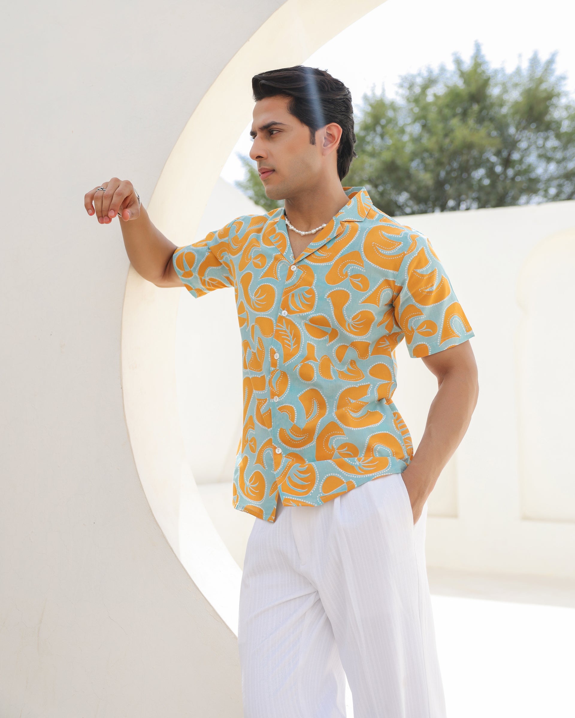 Citrus Pop Leaf Print Cuban Collar Shirt