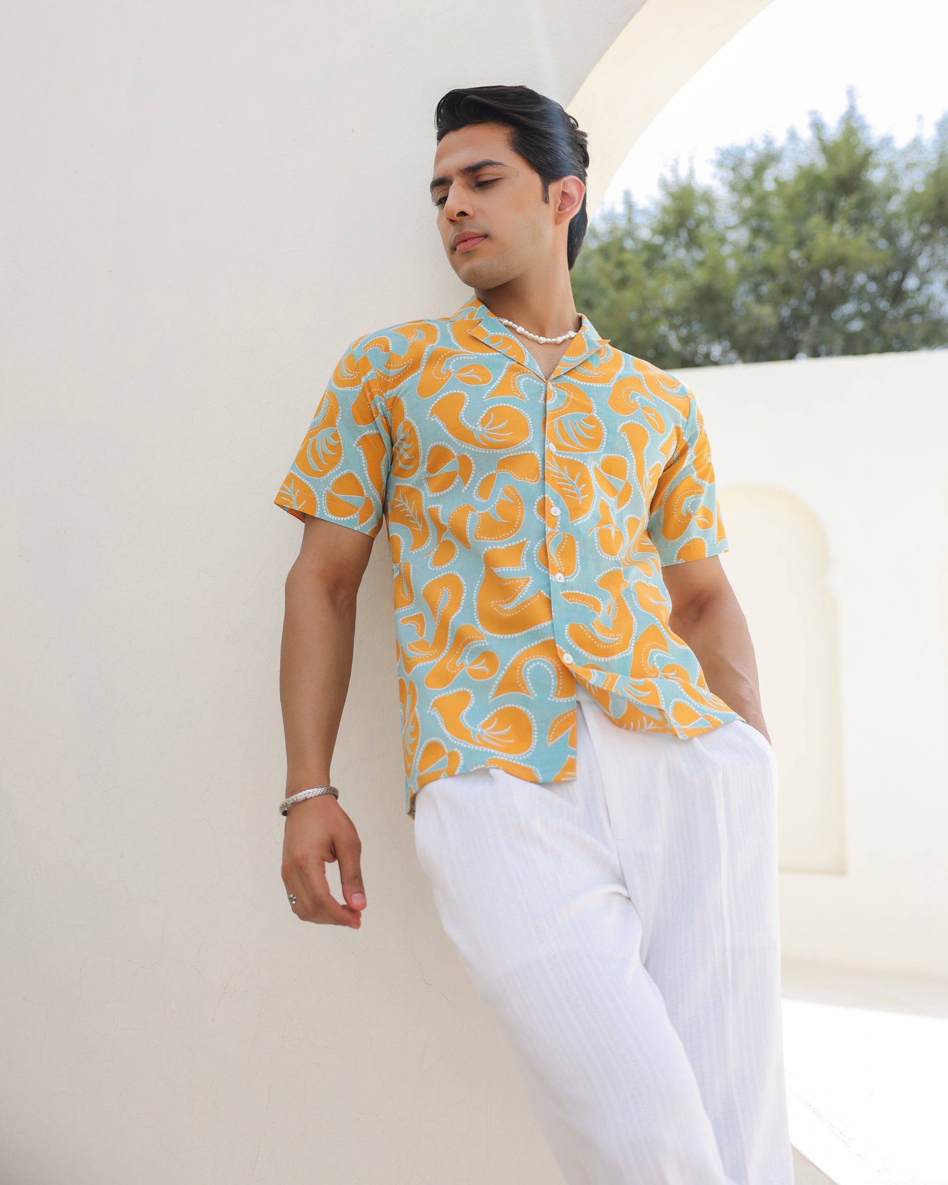 Citrus Pop Leaf Print Cuban Collar Shirt