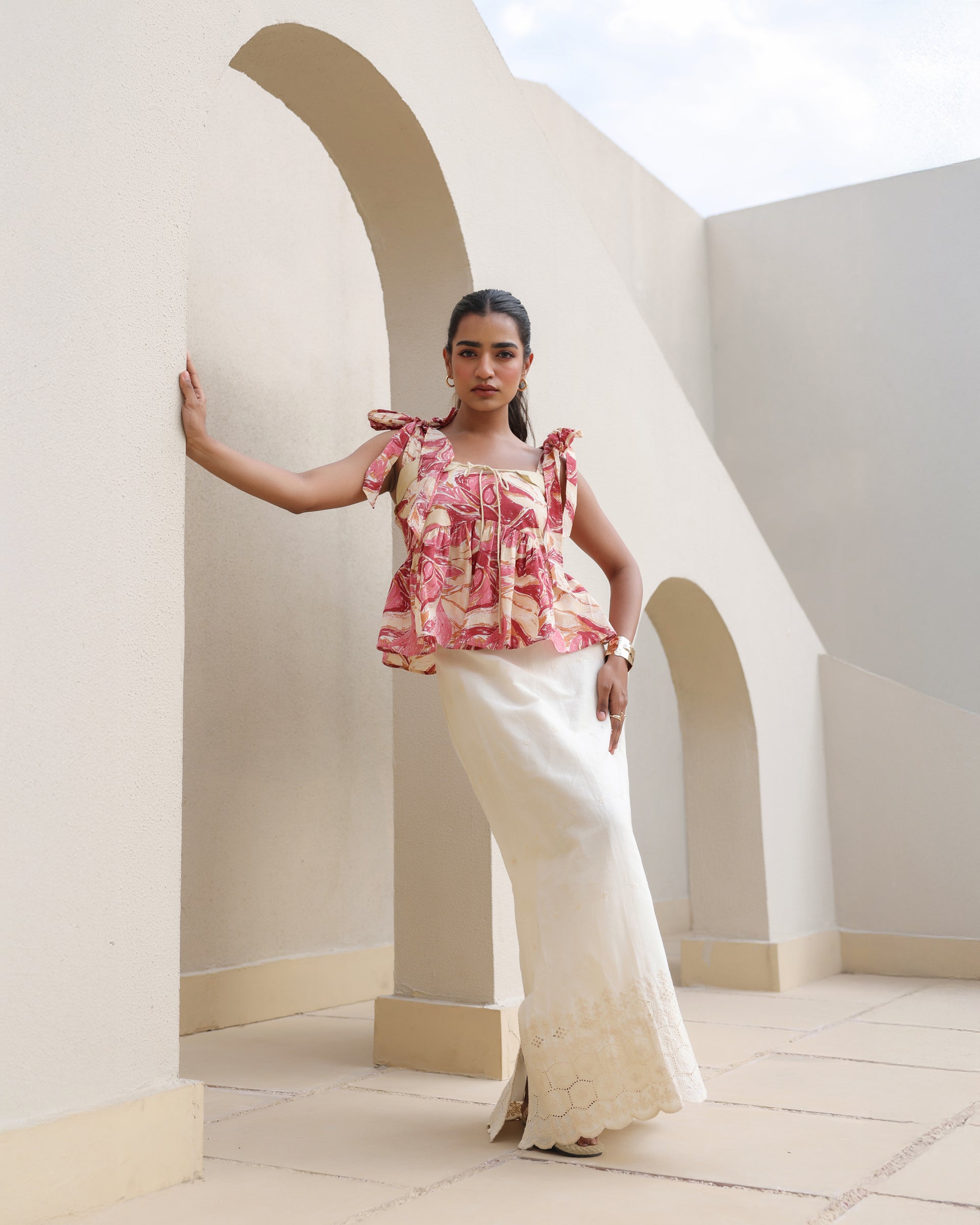 Floral Peplum Top and Embroidered Skirt Set