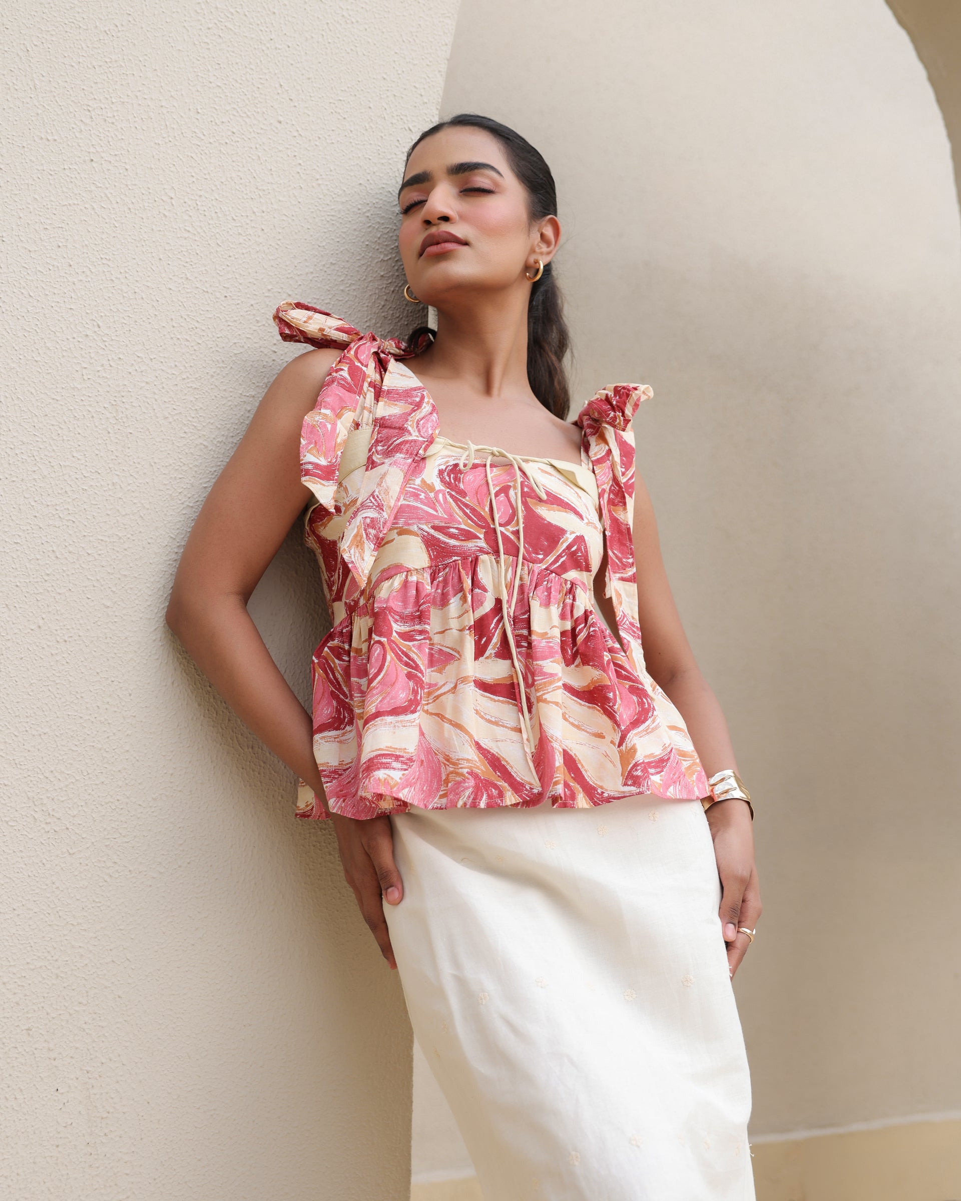Floral Peplum Top and Embroidered Skirt Set