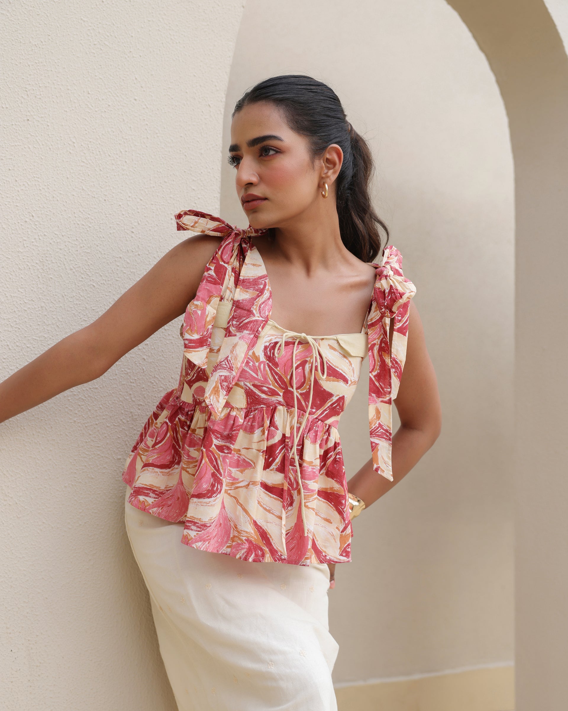 Floral Peplum Top and Embroidered Skirt Set