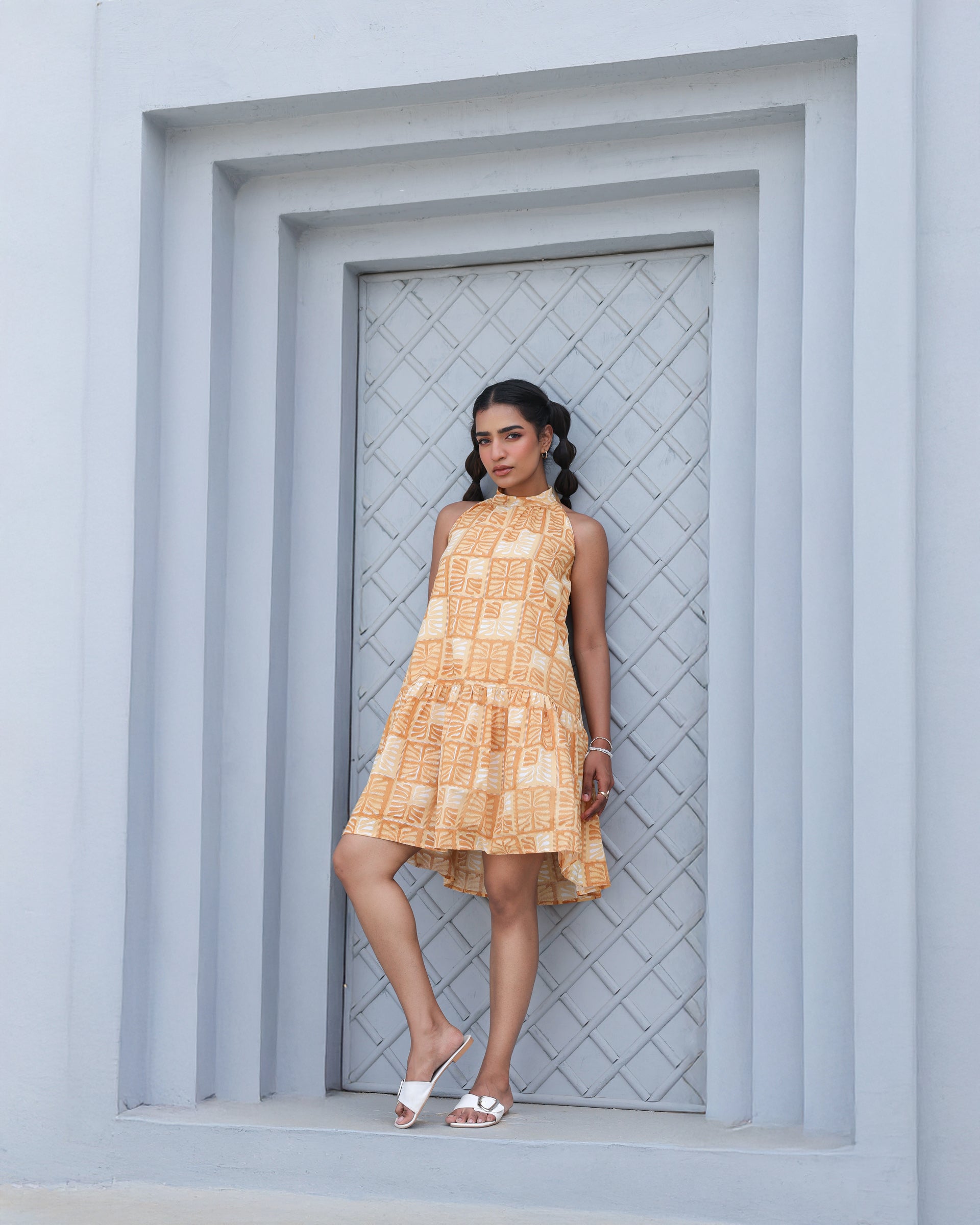 Golden Grid Mini Halter Dress