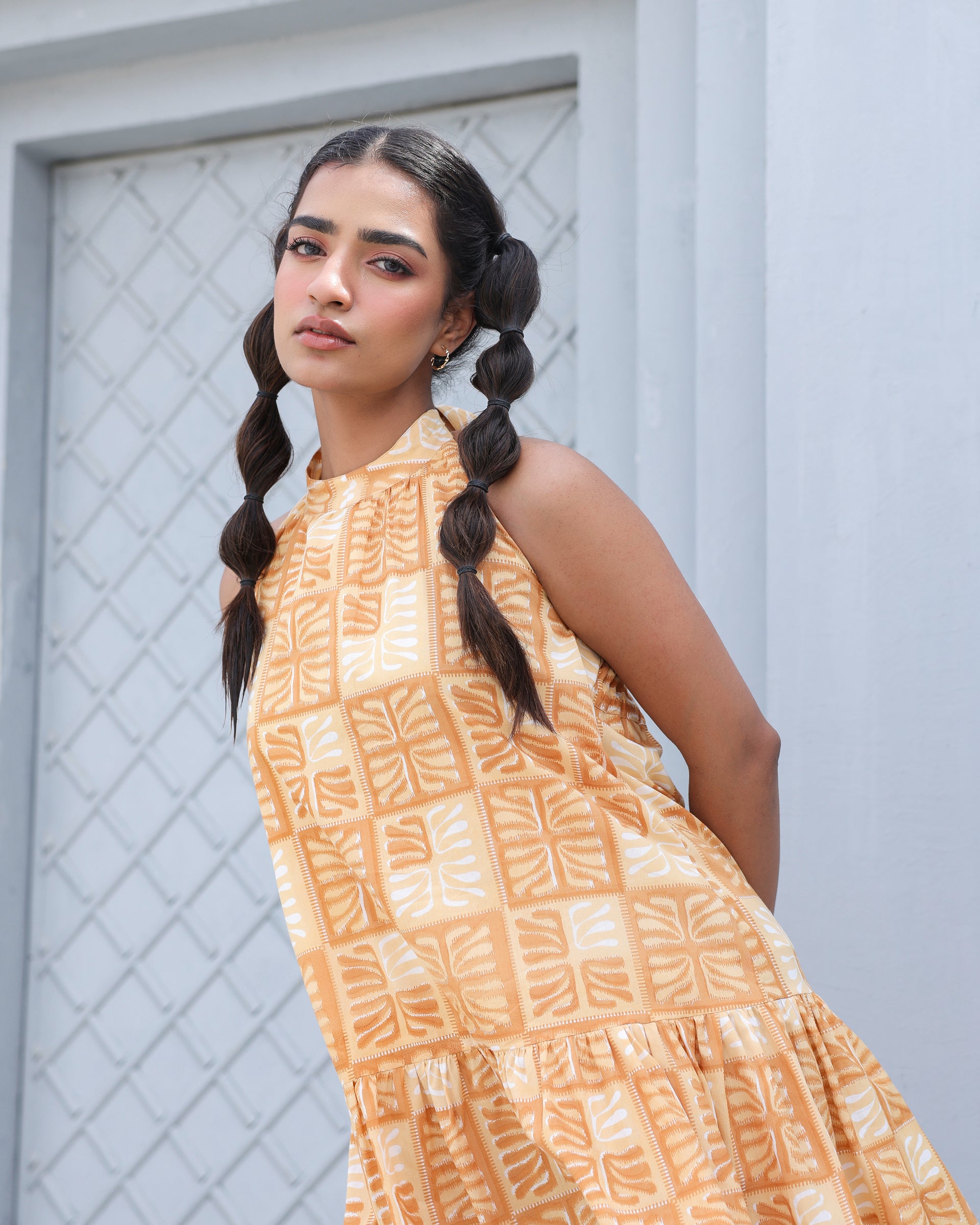 Golden Grid Mini Halter Dress