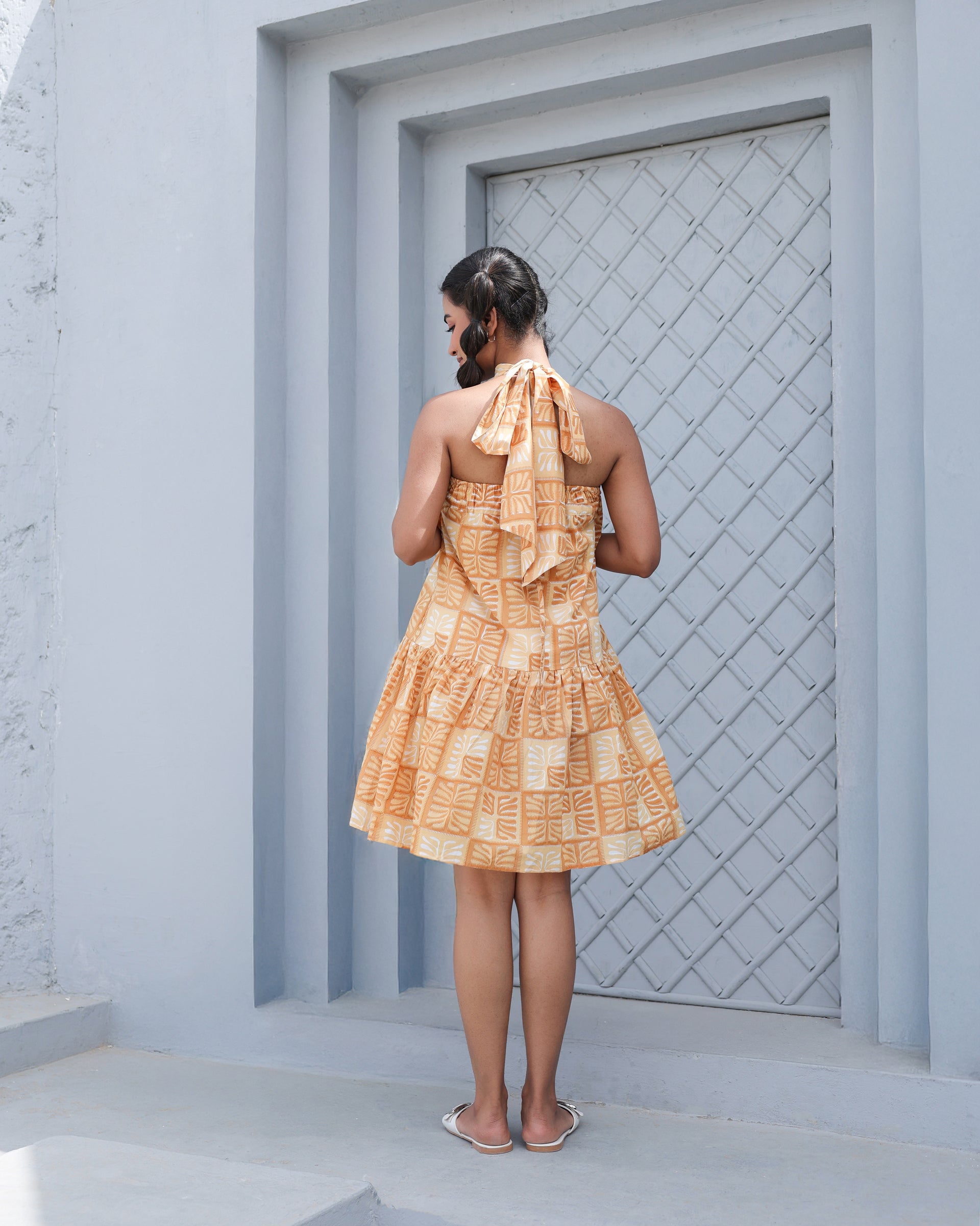 Golden Grid Mini Halter Dress