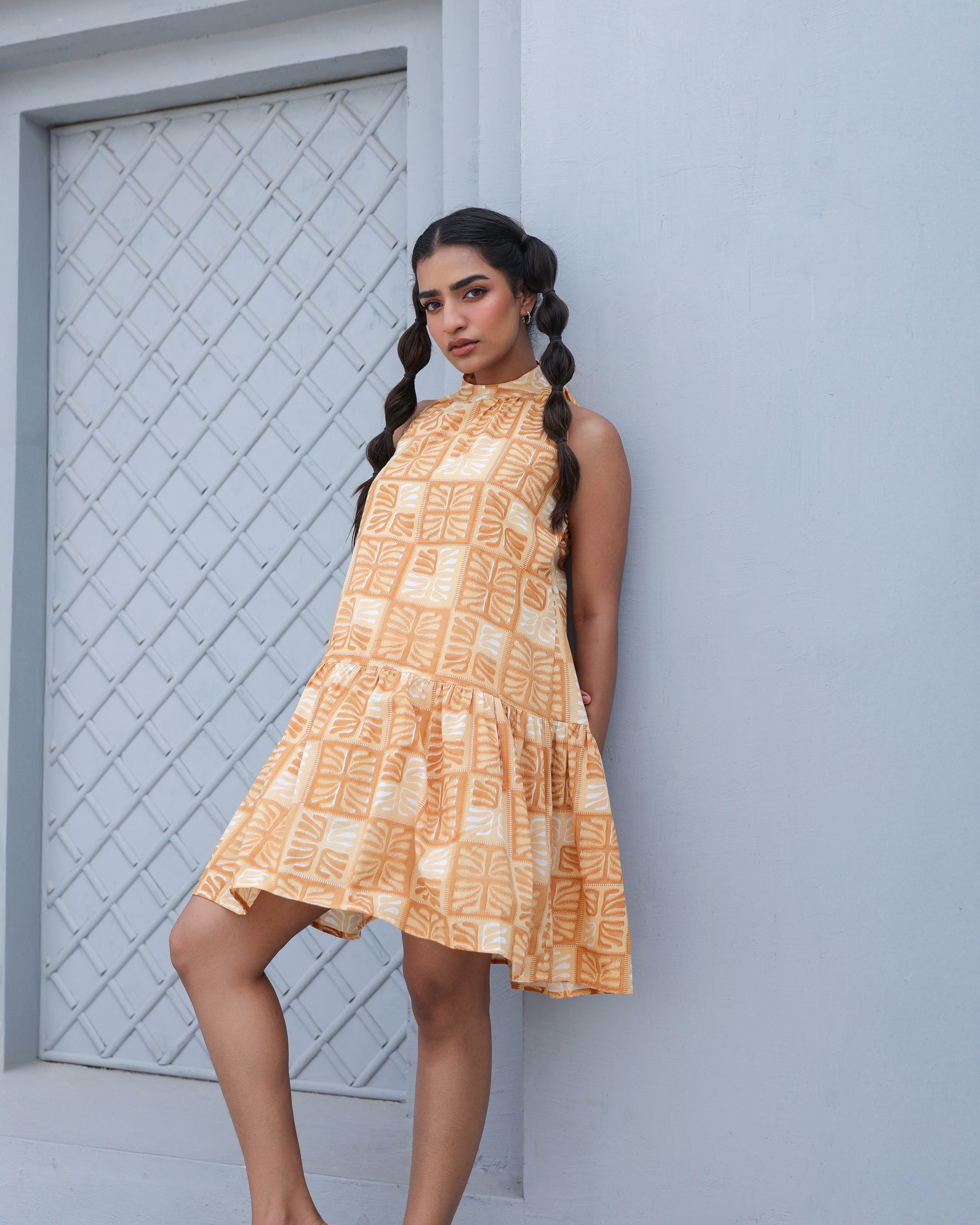Golden Grid Mini Halter Dress