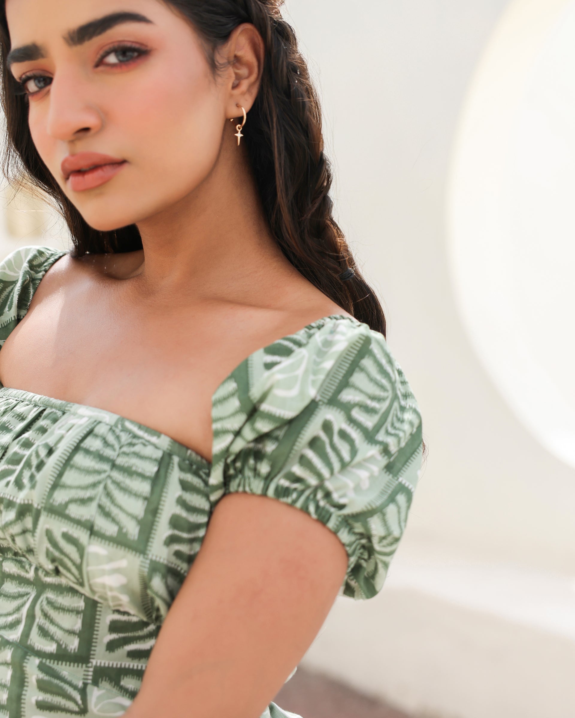 Sage Tile Puff Sleeve Mini Dress