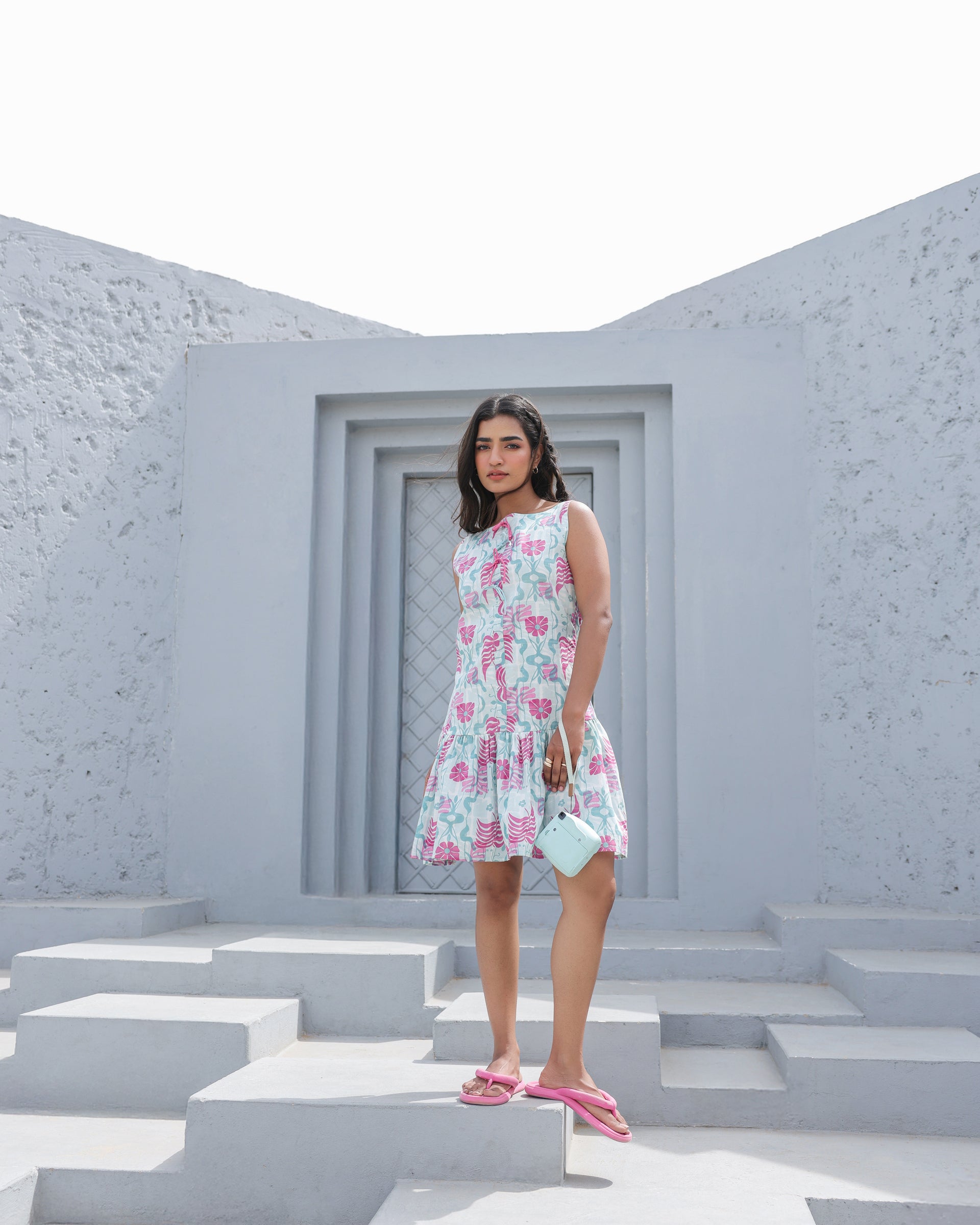 Aqua Blossom Sleeveless Ruffle Hem Dress